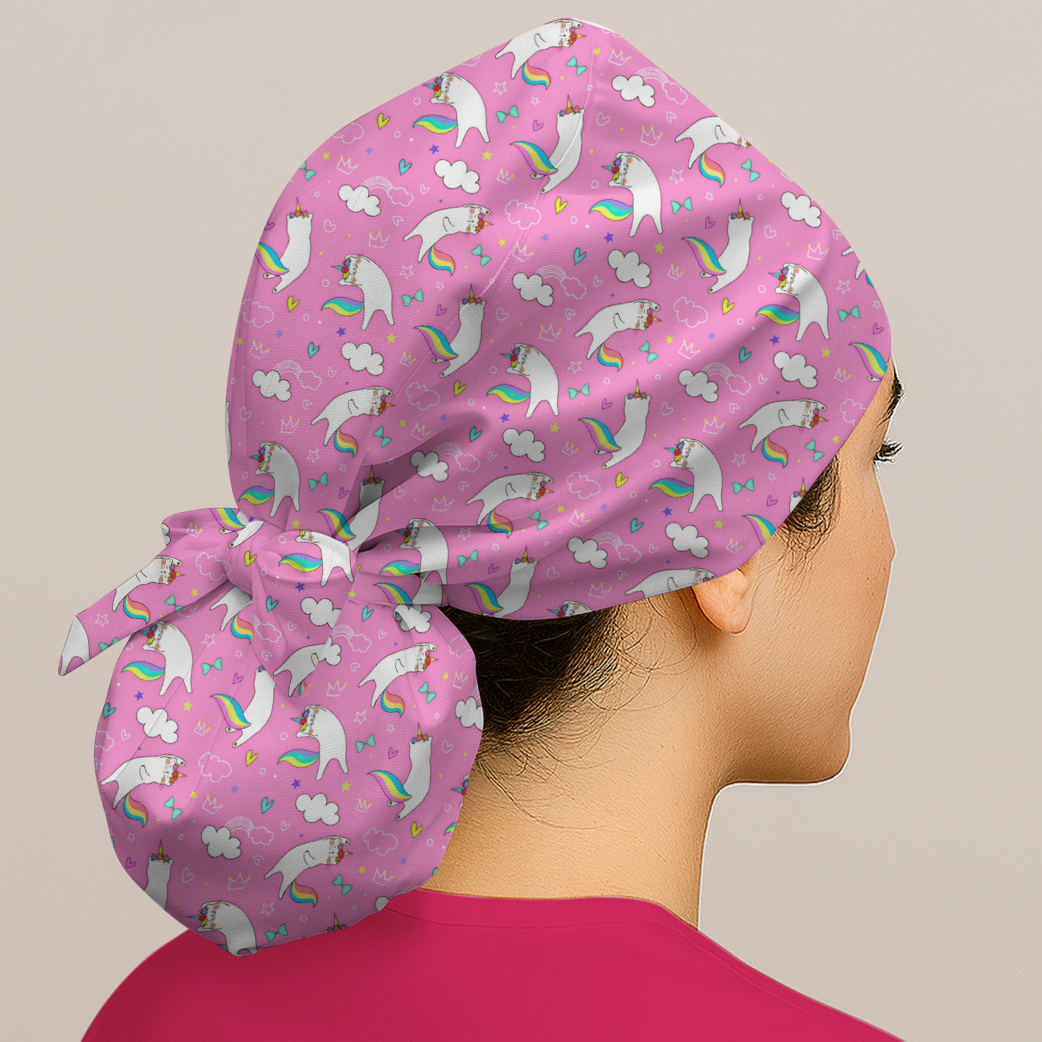 Unicorn Cat With Rainbow Tail Clouds Scrub Cap, Surgical Caps for Doctors