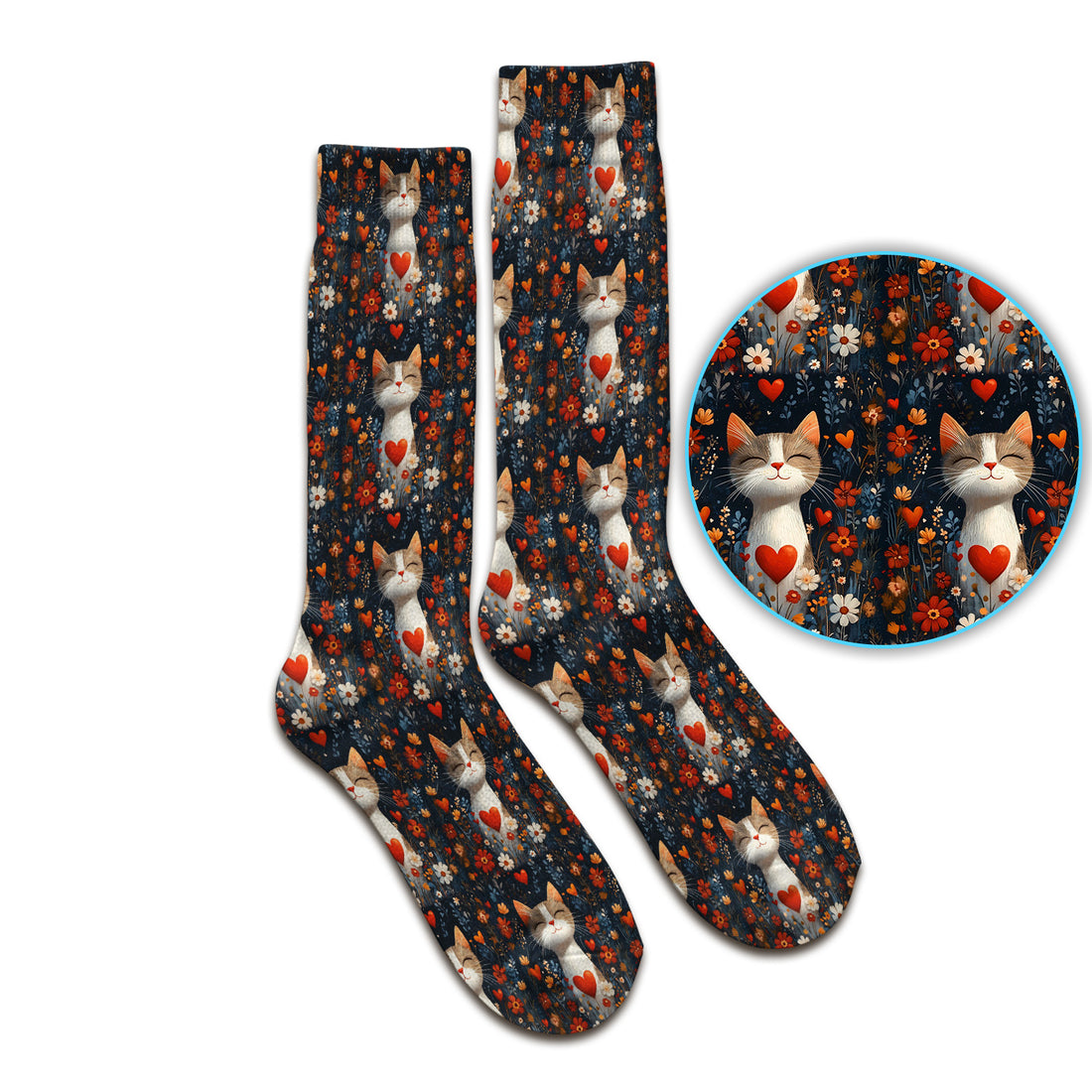 Cat Heart Floral Garden Pattern Socks, Adult Socks for Men and Women