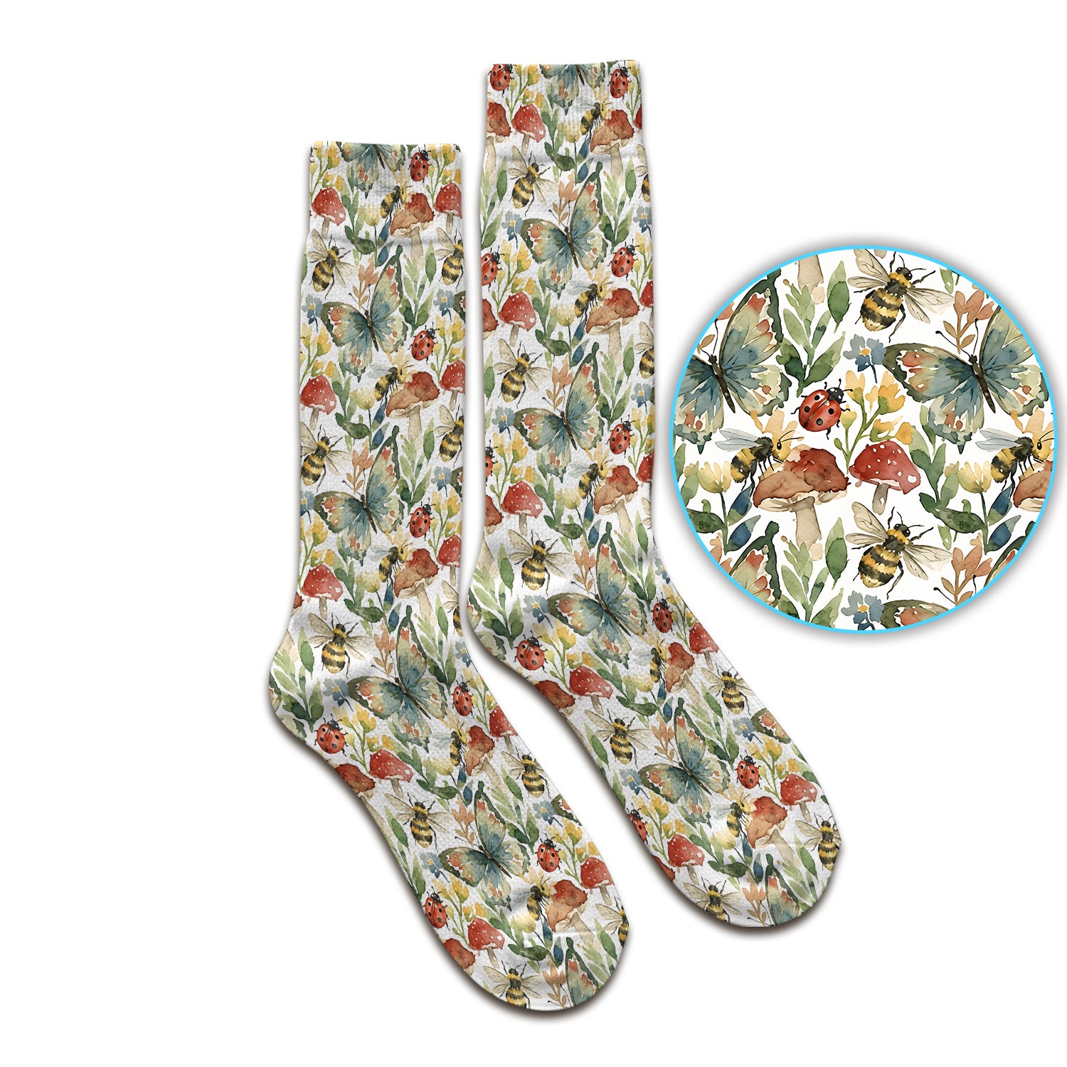 Butterfly Bee With Floral Mushroom Socks, Adult Socks for Men and Women