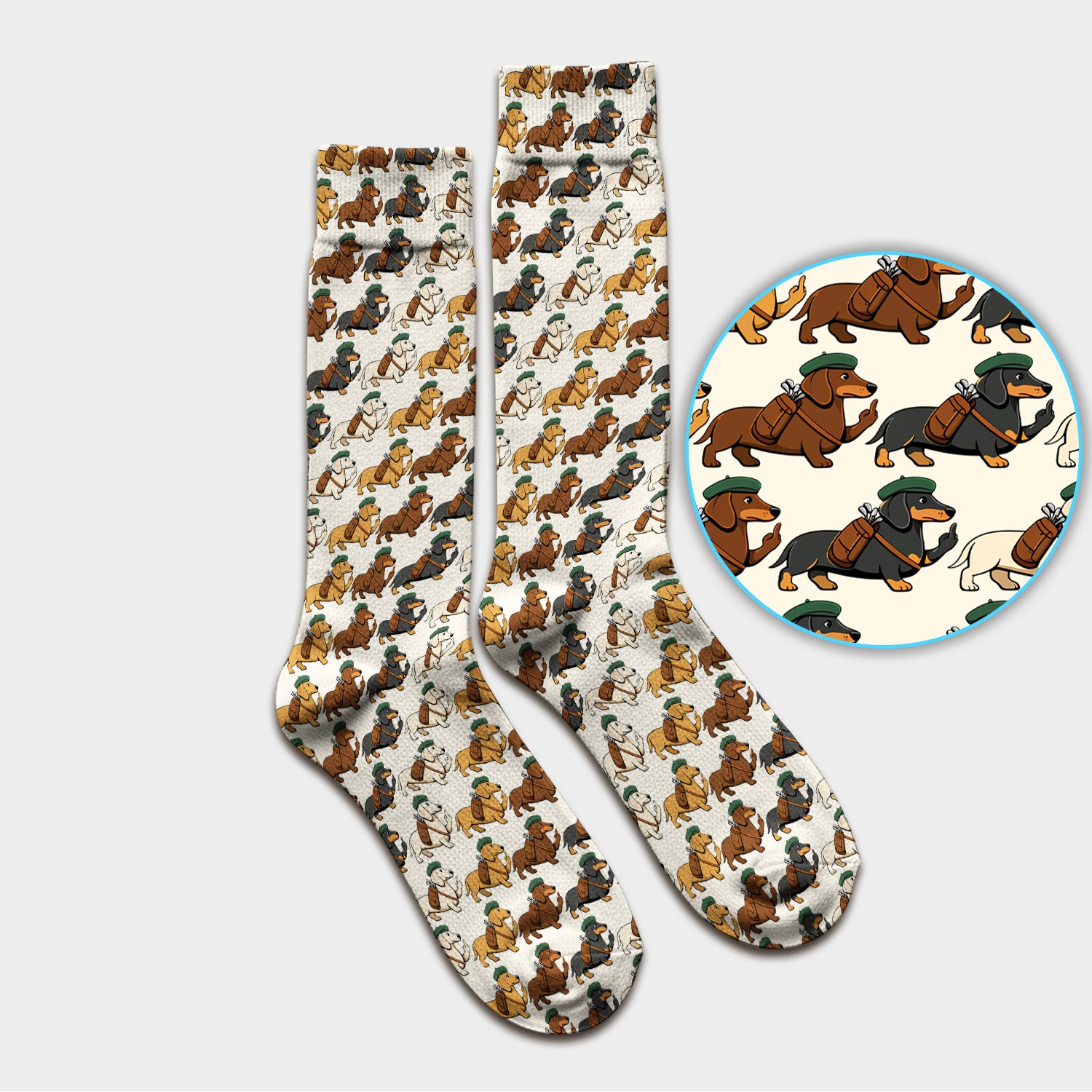 Cartoon Dachshund Dog Wearing Hat And Backpack Pattern Socks, Adult Socks for Men and Women