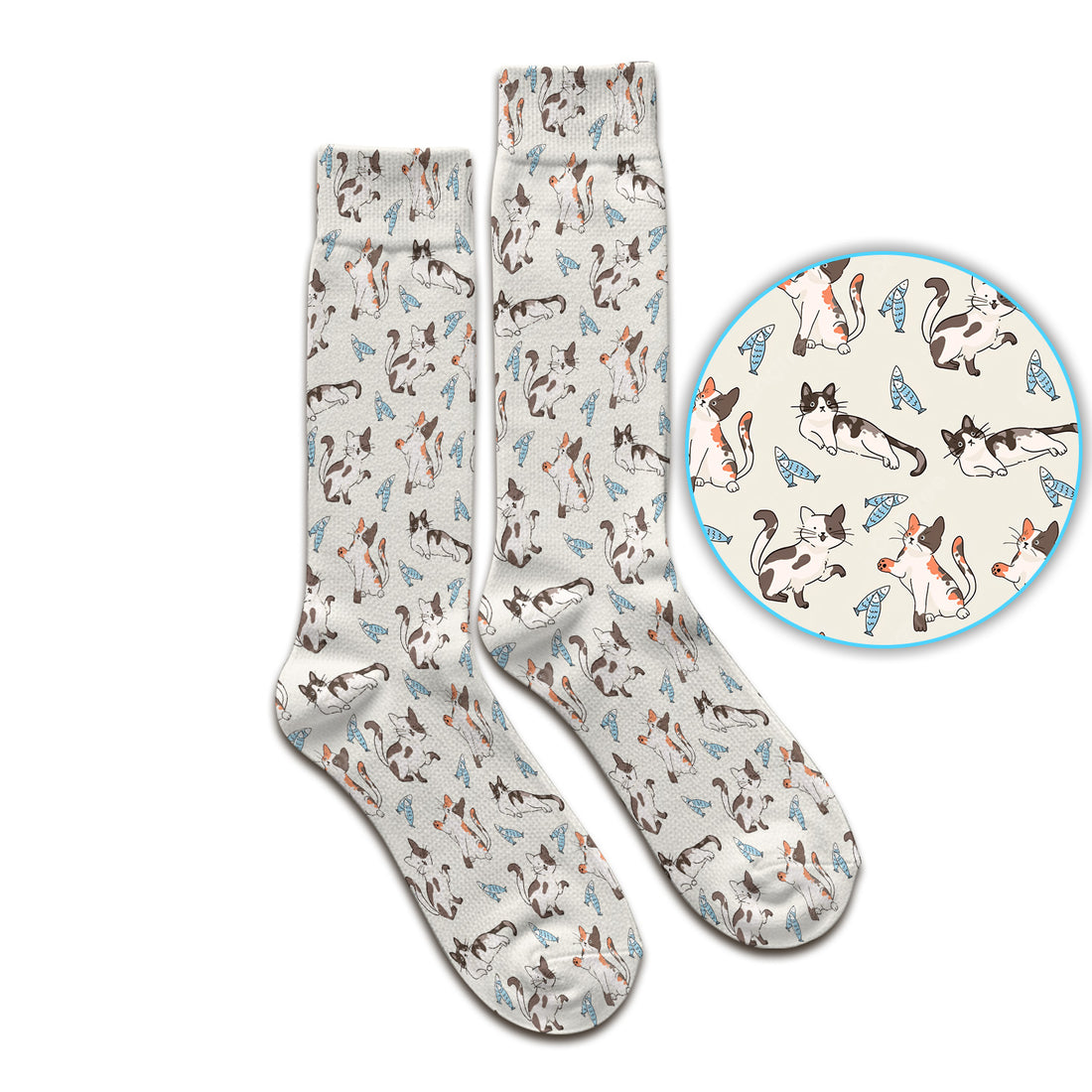 Cute Playful Cats With Fish Pattern Nurse Socks, Adult Socks for Men and Women