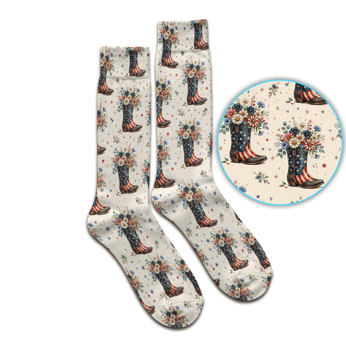 Festive Patriotic Cowboy Boots Flower Pattern Socks, Adult Socks for Men and Women