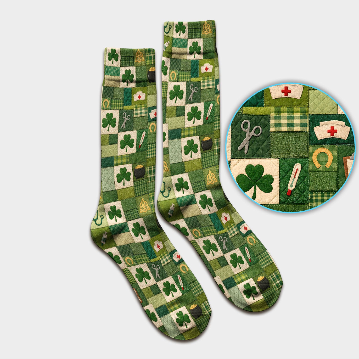 St Patrick Medical Patchwork Shamrock Socks, Adult Socks for Men and Women