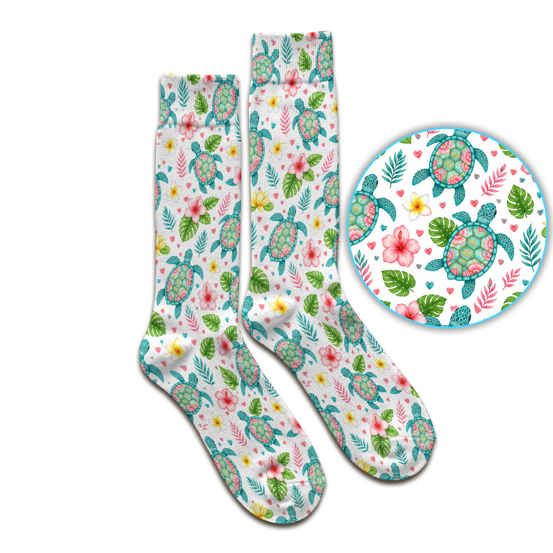 Tropical Sea Turtle Floral Pattern Socks, Adult Socks for Men and Women