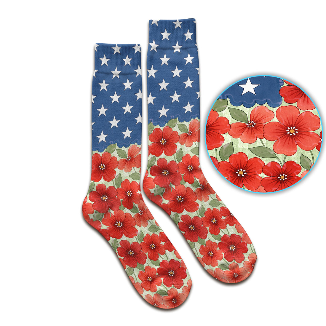 Patriotic USA Flag With Red Floral Blossom Pattern Socks, Adult Socks for Men and Women