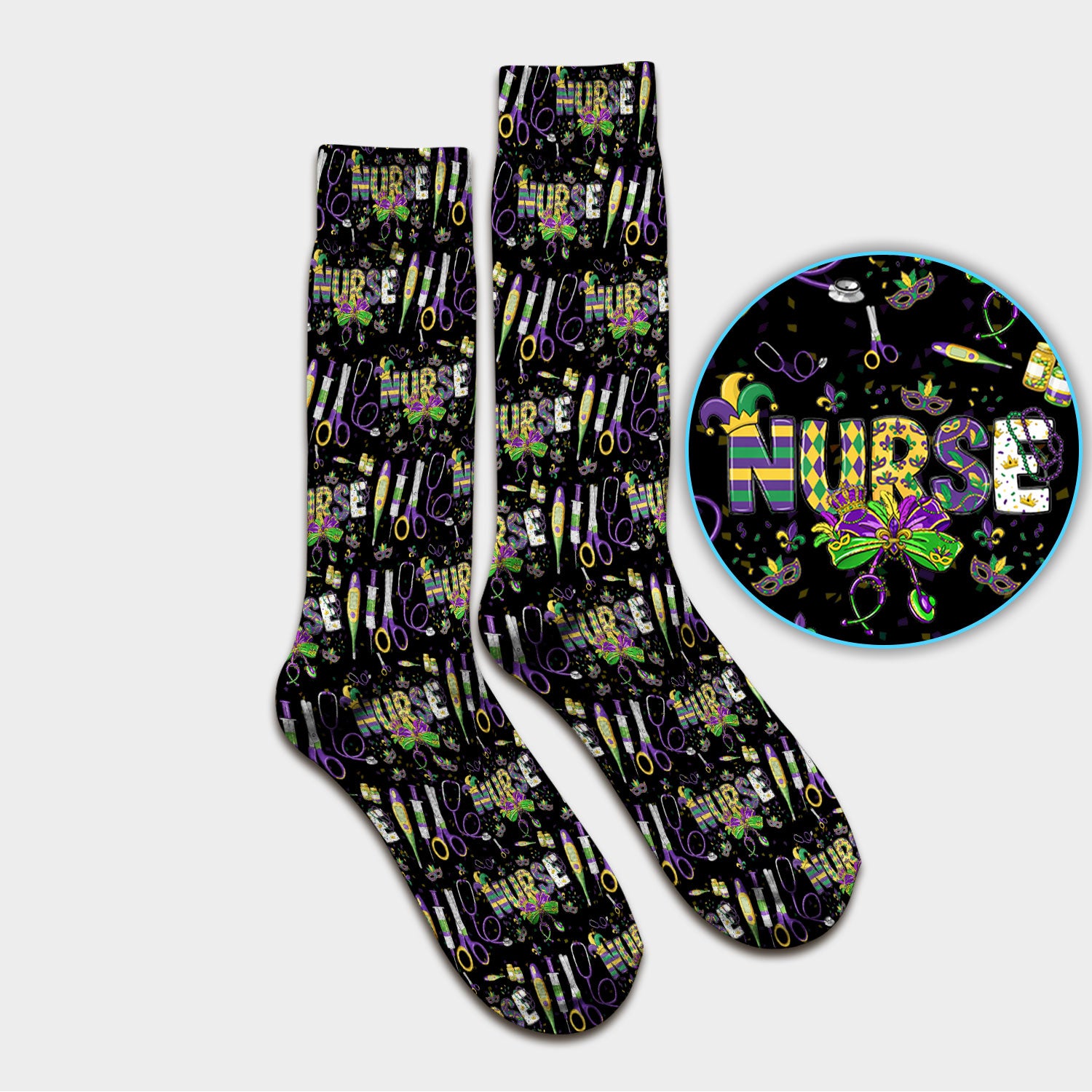 Mardi Gras Nurse Scrub Socks, Holiday Medical Pattern Nurse Sock, Breathable Fabrics Nursing Uniform