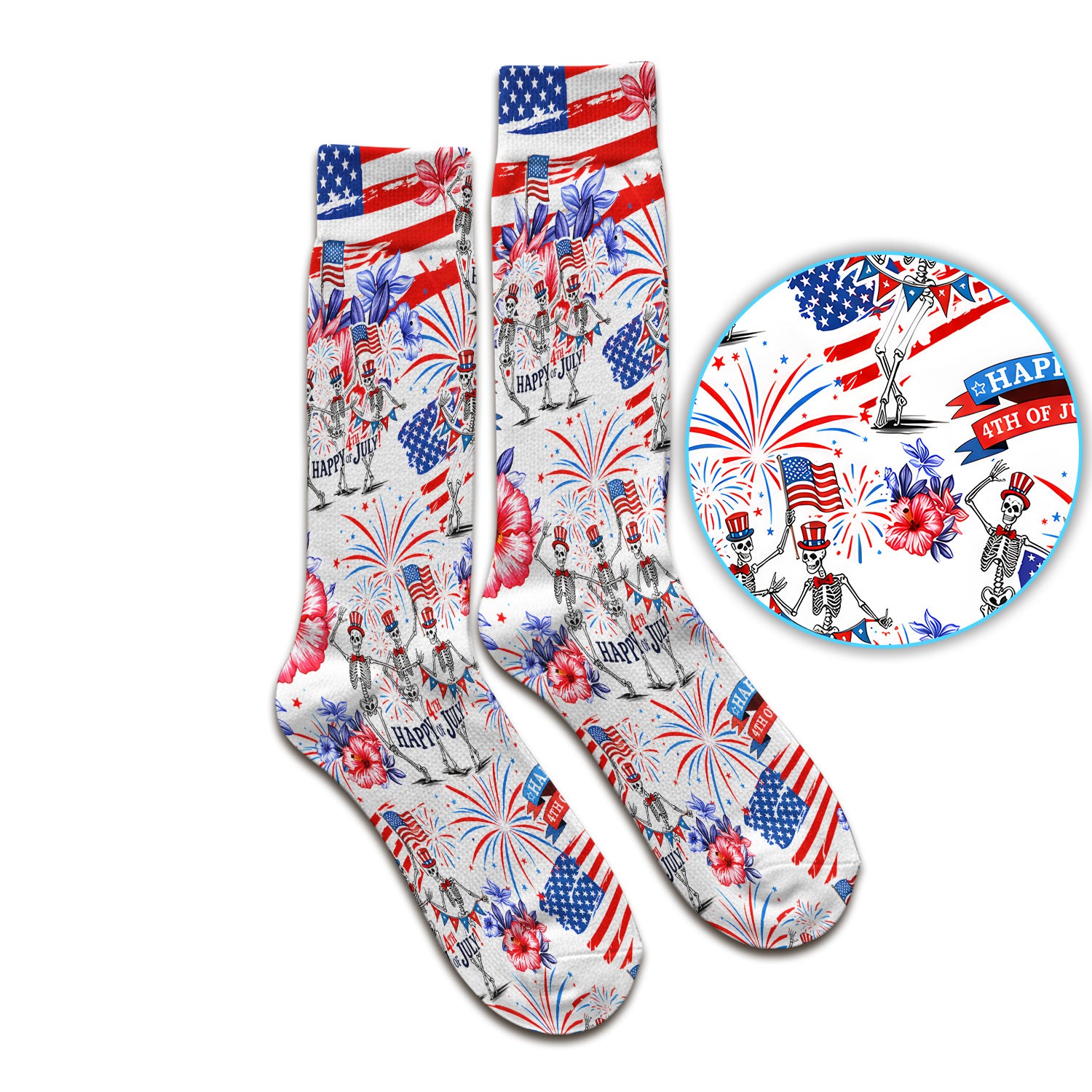 Funny 4th Of July Skeleton Nurse for RN & CNA, Patriotic Fireworks Medical Uniform Socks, Adult Socks for Men and Women