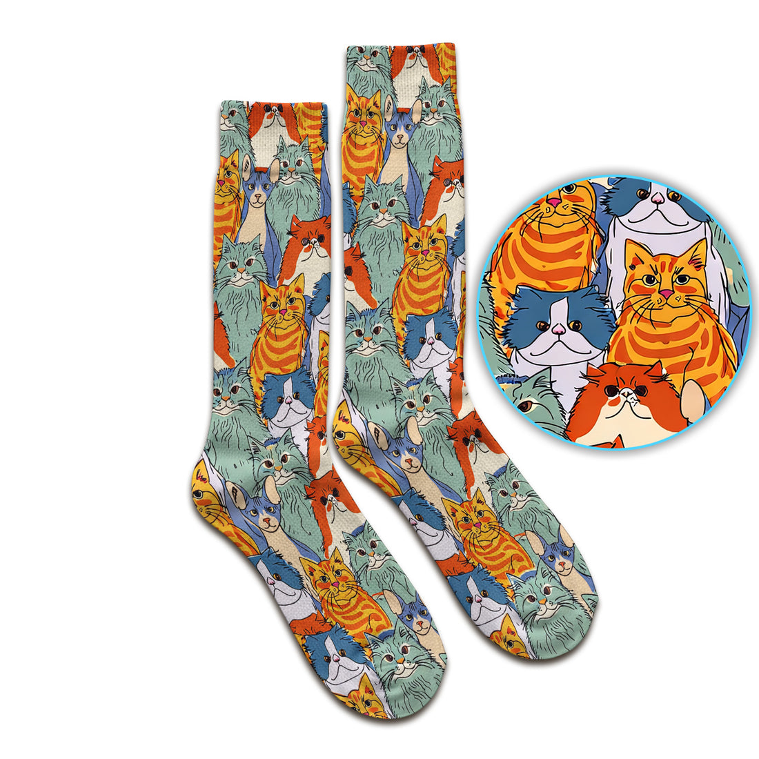 Cute Multicolor Cat Faces Illustration Pattern Nurse Socks, Socks for Nurse Doctor