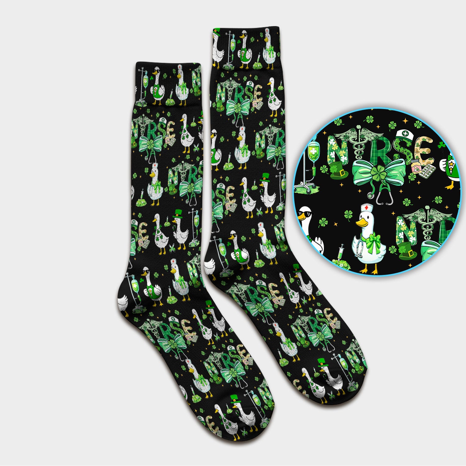 Funny Goose Nurse Shamrock Scrub Socks, St. Patrick’s Day Nurse Pattern Sock, Breathable Fabrics Nursing Uniform