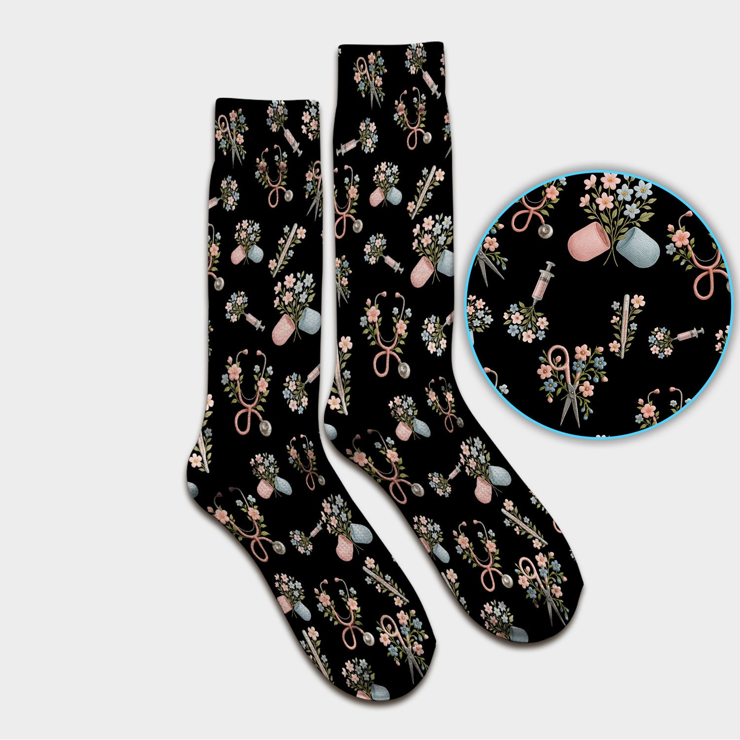 Floral Medical Scrub Socks, Elegant Stethoscope With Flower Nursing Sock, Breathable Fabrics Nurse Uniform