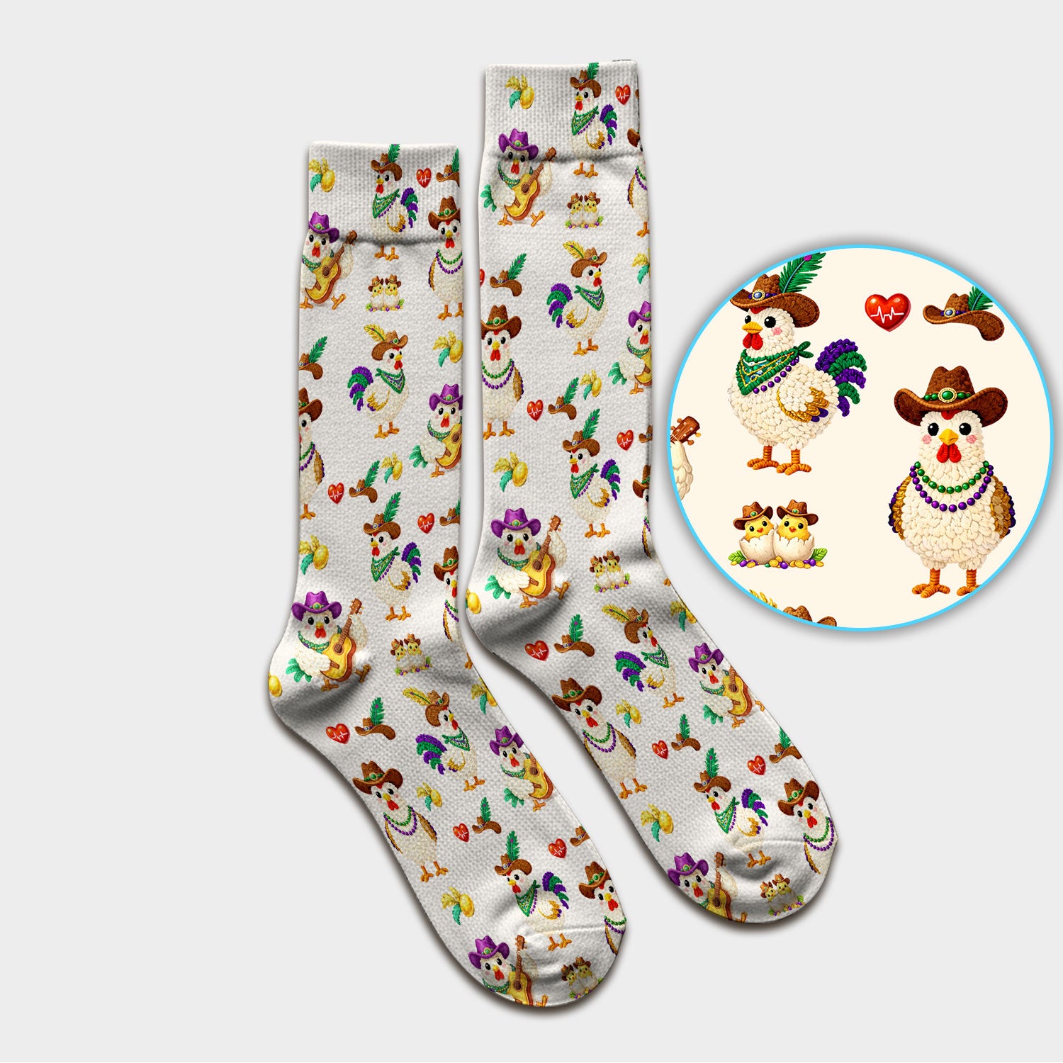 Funny Mardi Gras Rooster Cowboy Print Medical Socks, Socks for Nurse Doctor
