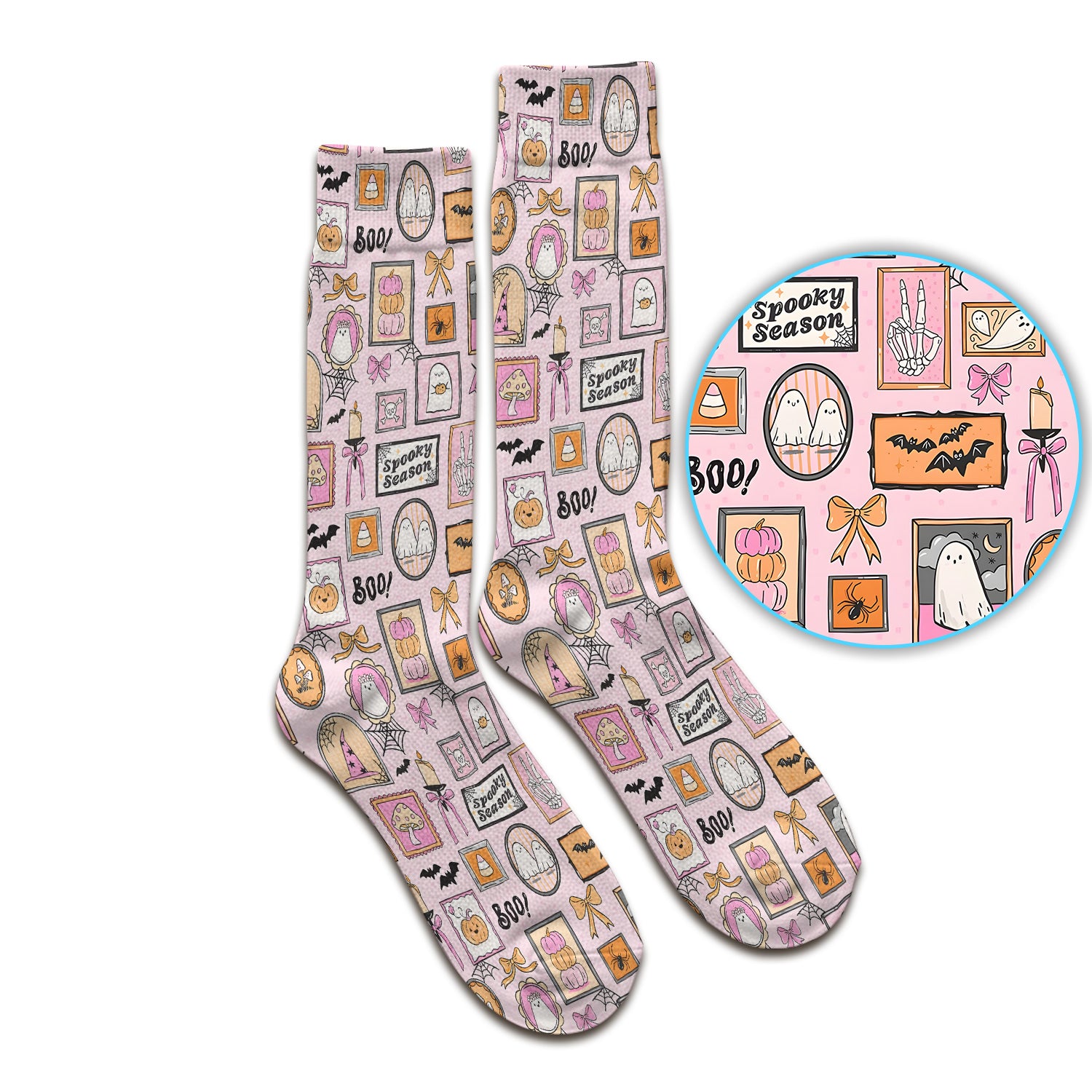 Pink Halloween Ghost Gallery Print Socks, Adult Socks for Men and Women
