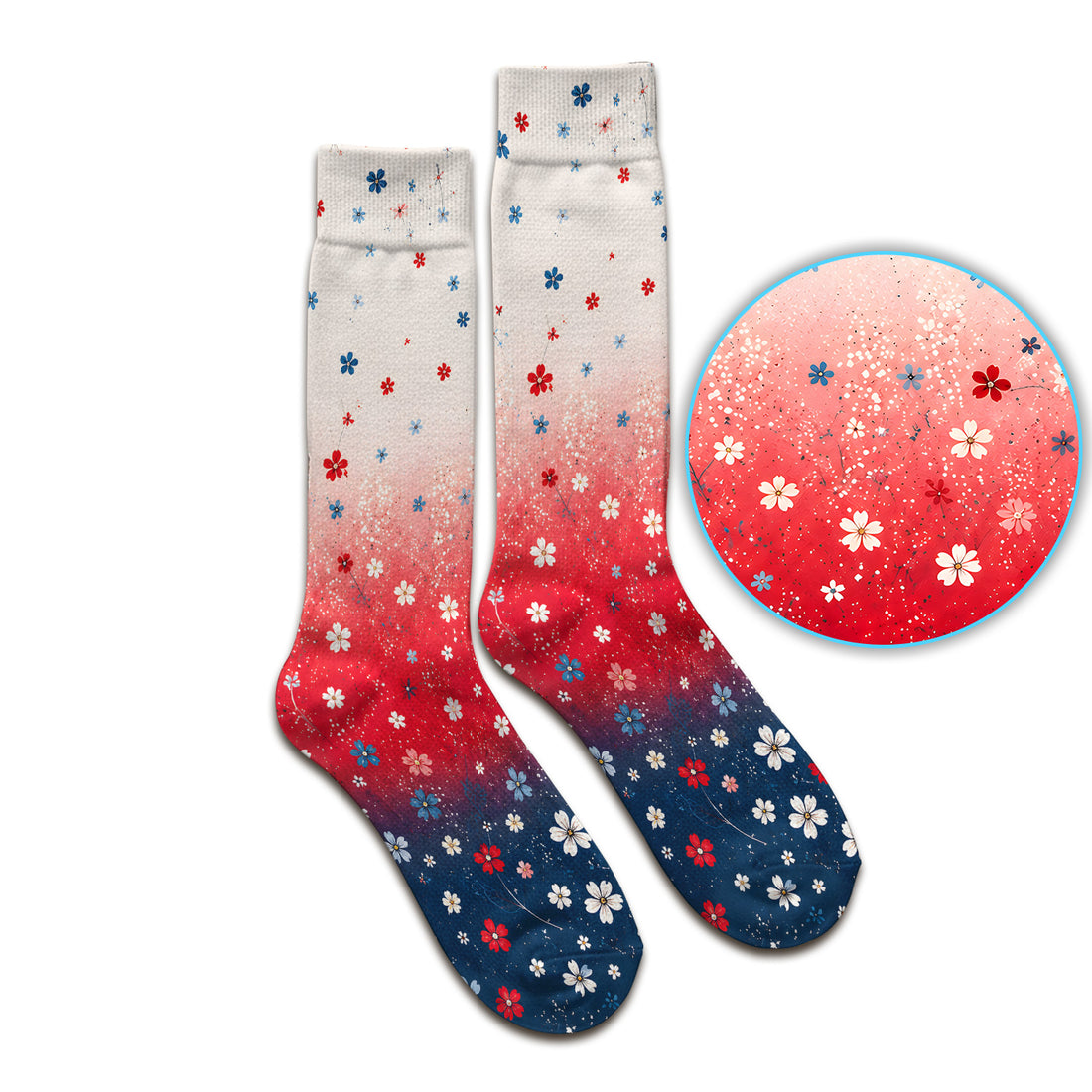 Patriotic Red White Blue Floral Ombre Print Socks, Adult Socks for Men and Women