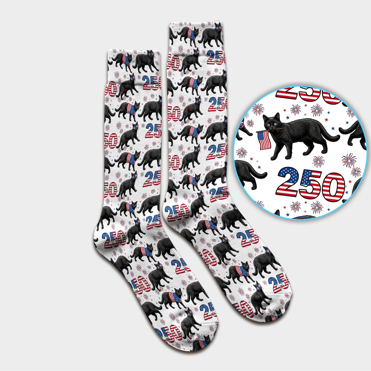 Black Cat 250 USA Flag Fireworks Pattern Socks, Adult Socks for Men and Women