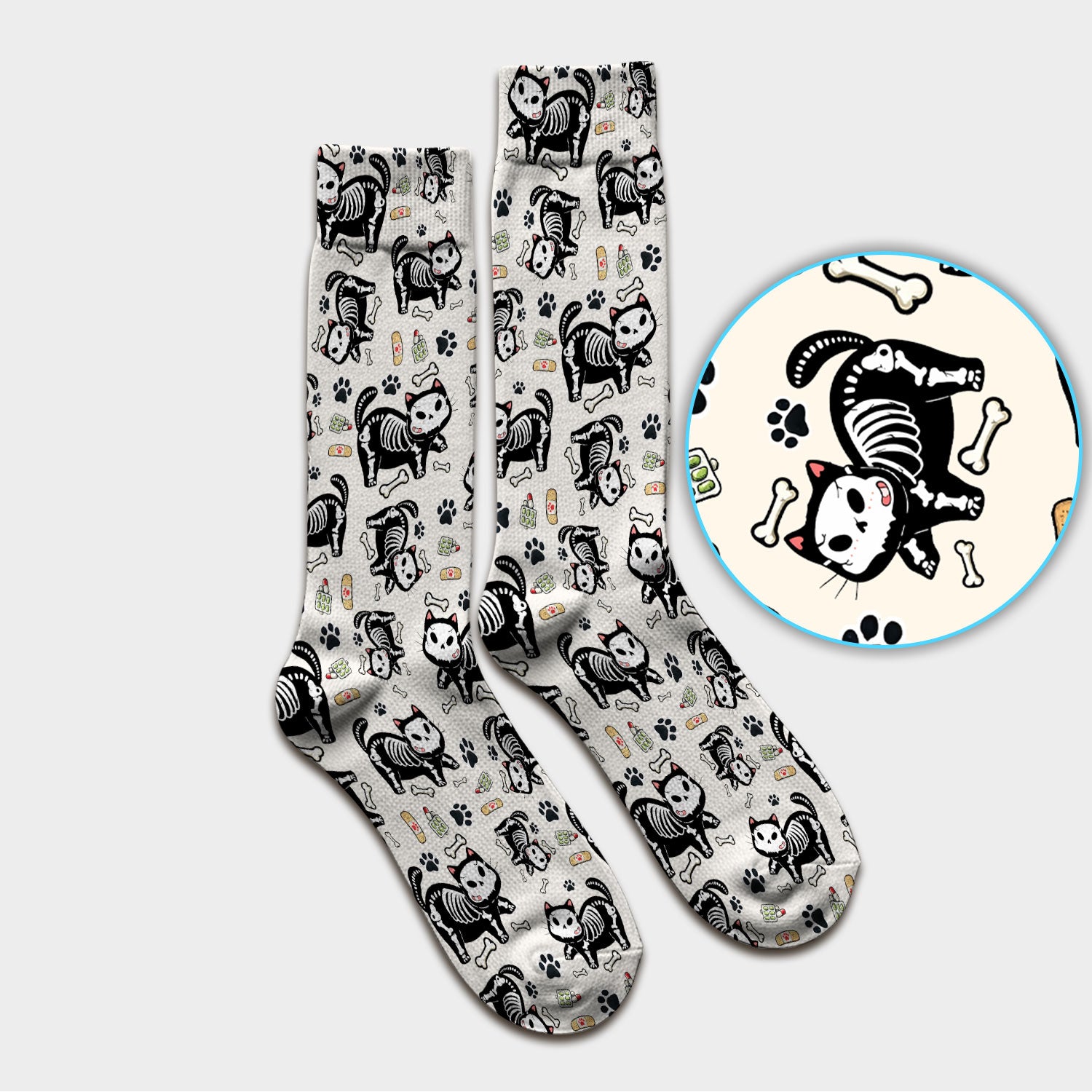 Skeleton Cat Medical Pattern Socks, Breathable Fabrics Medical Uniform