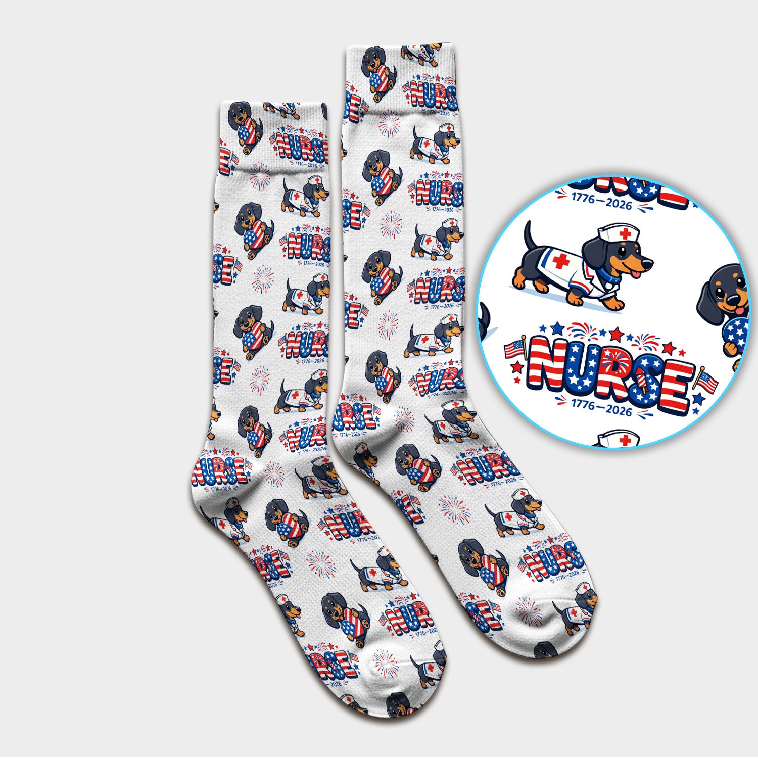 Proud Nurse Patriotic Dachshund Medical Firework Pattern Socks, Breathable Fabrics Medical Uniform