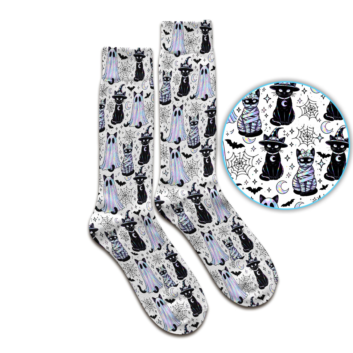 Ghost Witch Cat Pattern Socks, Adult Socks for Men and Women