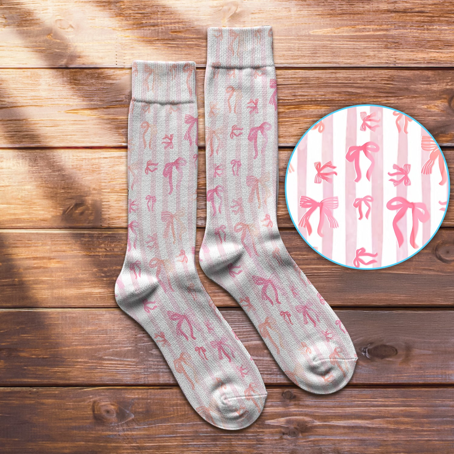 Pink Bow Stripe Pattern Print Socks, Adult Socks for Men and Women