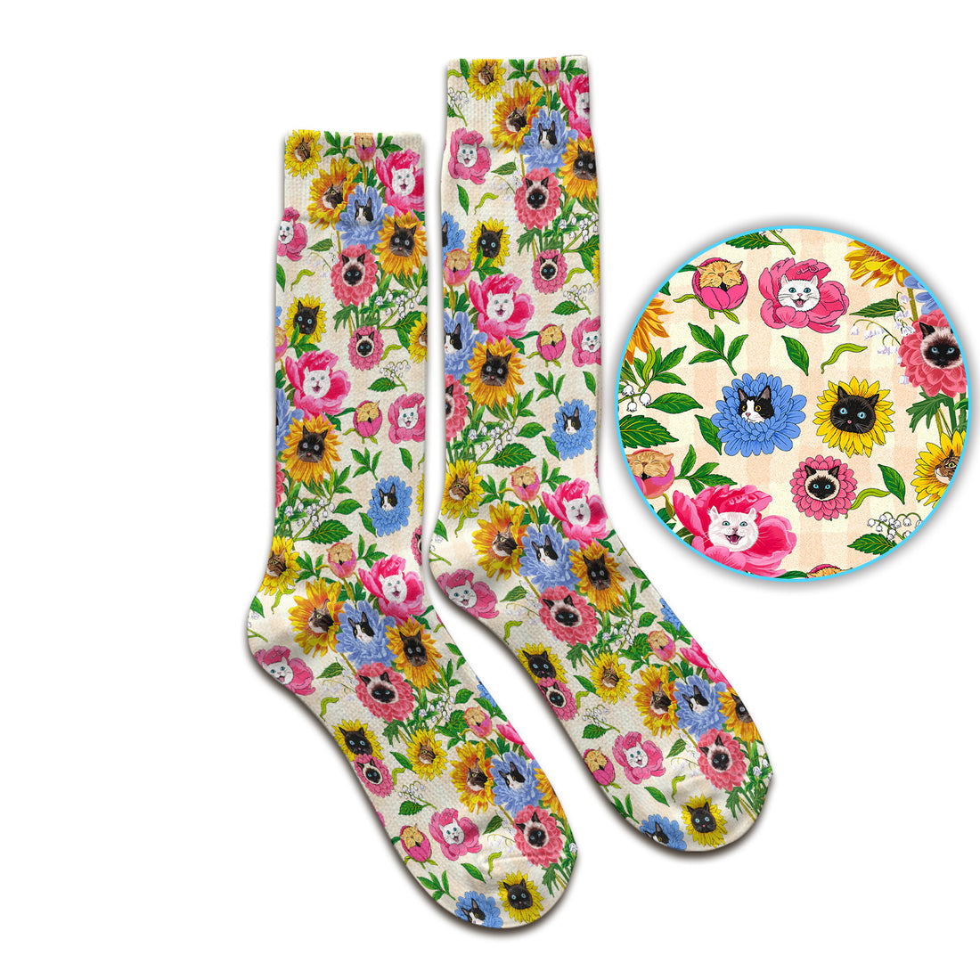 Cat Face Hidden In Colorful Flower Garden Socks, Adult Socks for Men and Women