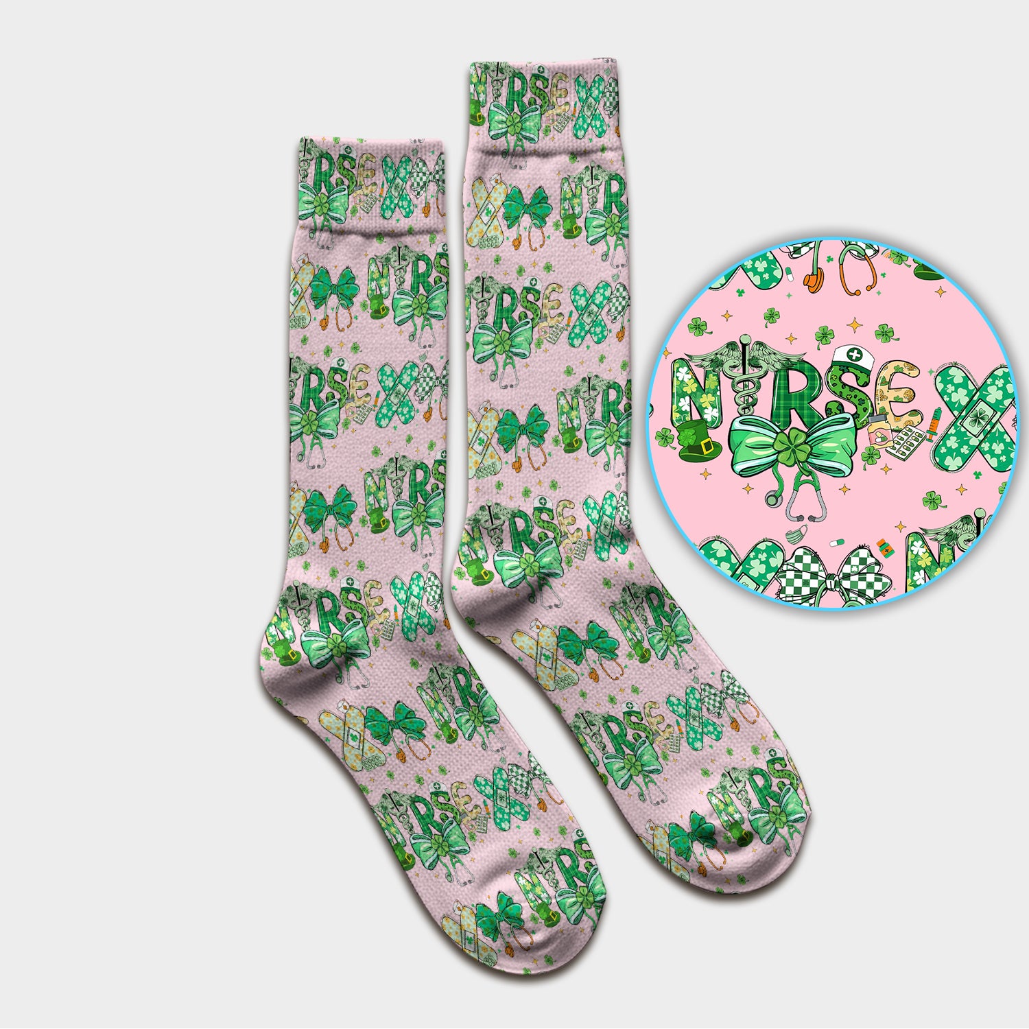 St. Patrick’s Nurse Scrub Socks, Lucky Clover And Green Bow Pattern Nurse Sock, Breathable Fabrics Nursing Uniform