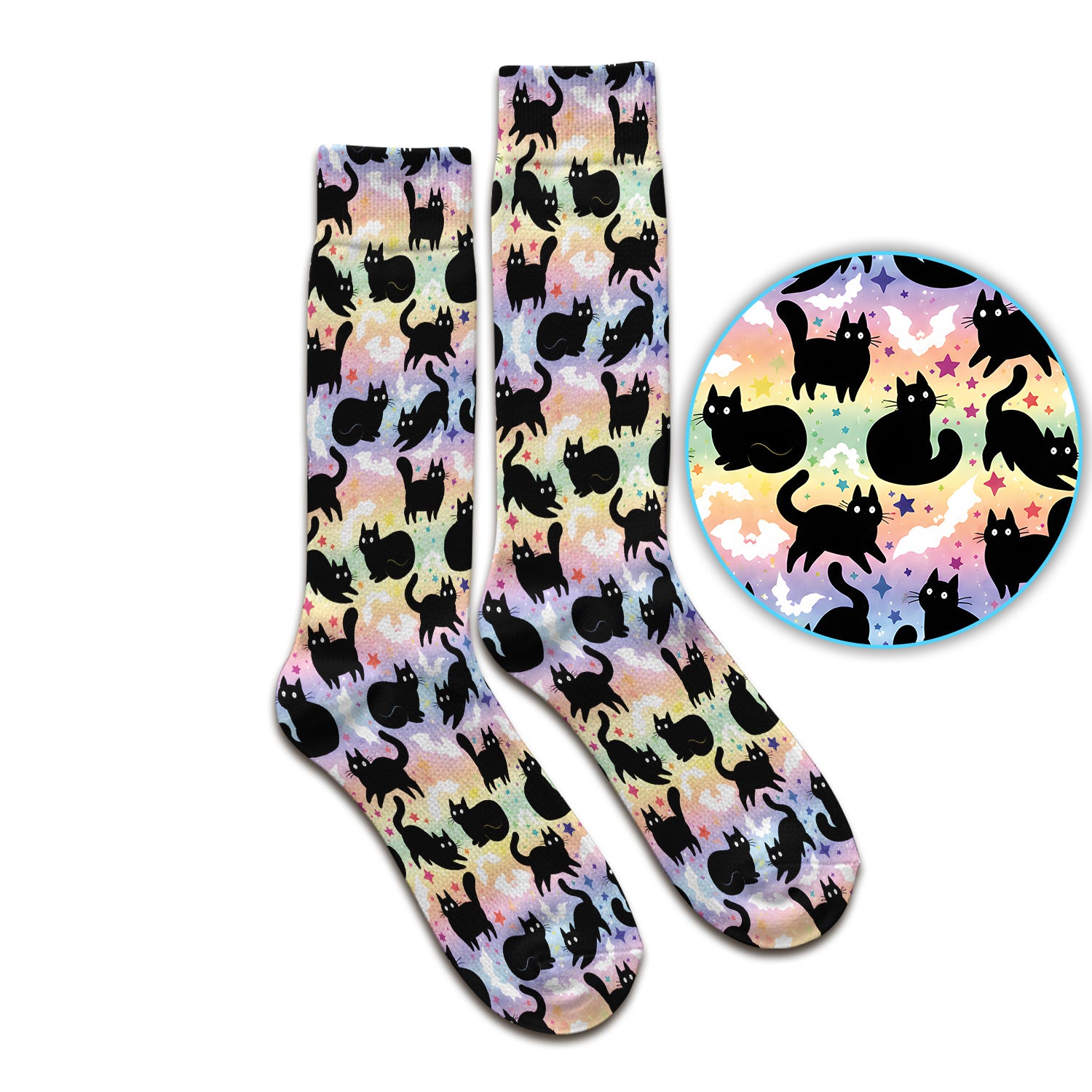 Pastel Star Black Cat Pattern Socks, Adult Socks for Men and Women