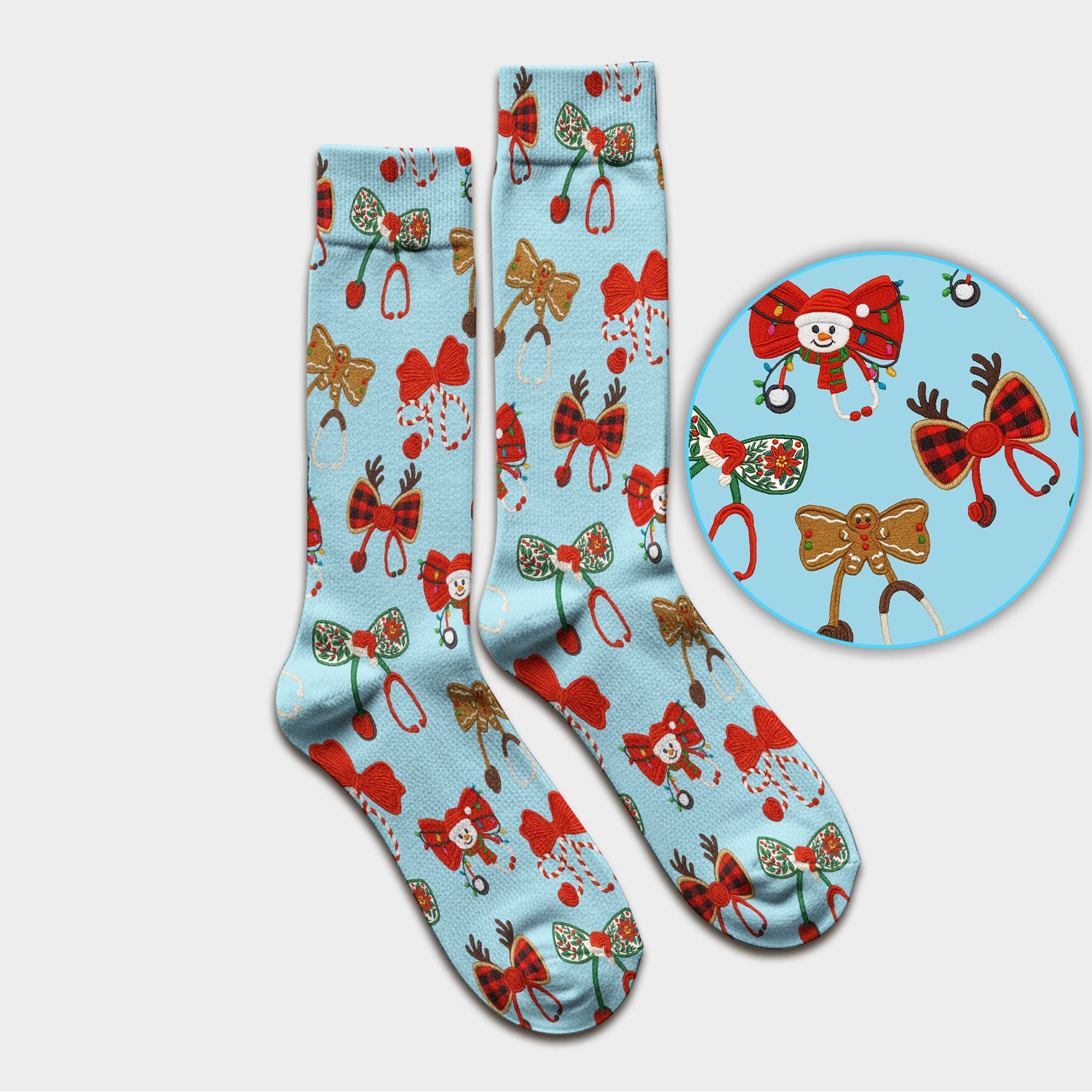 Christmas Stethoscope Bow Nurse Scrub Socks, Xmas Pattern Scrub Sock, Holiday Nursing Uniform