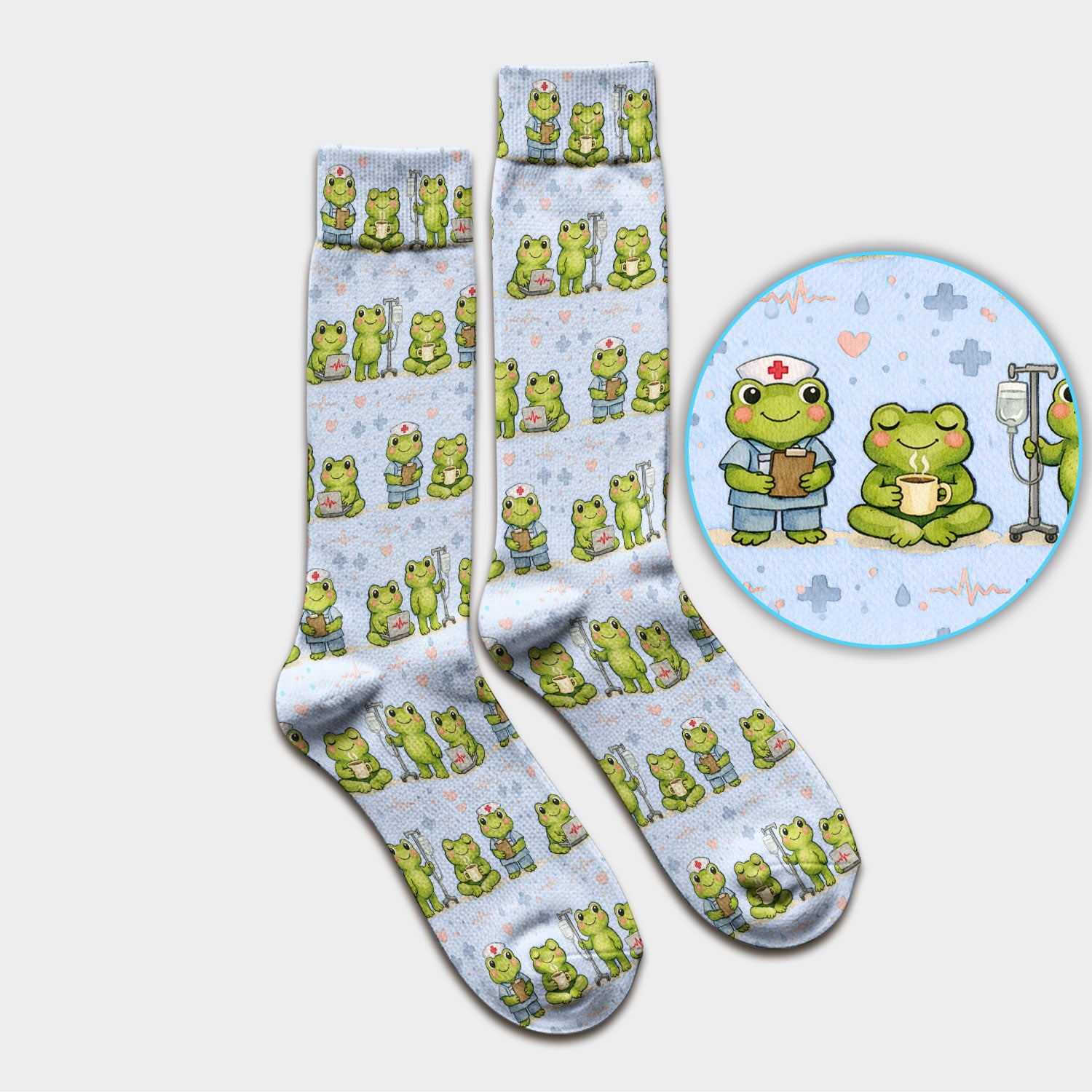 Adorable Frog Nurse Various Poses Print Socks, Breathable Fabrics Medical Uniform