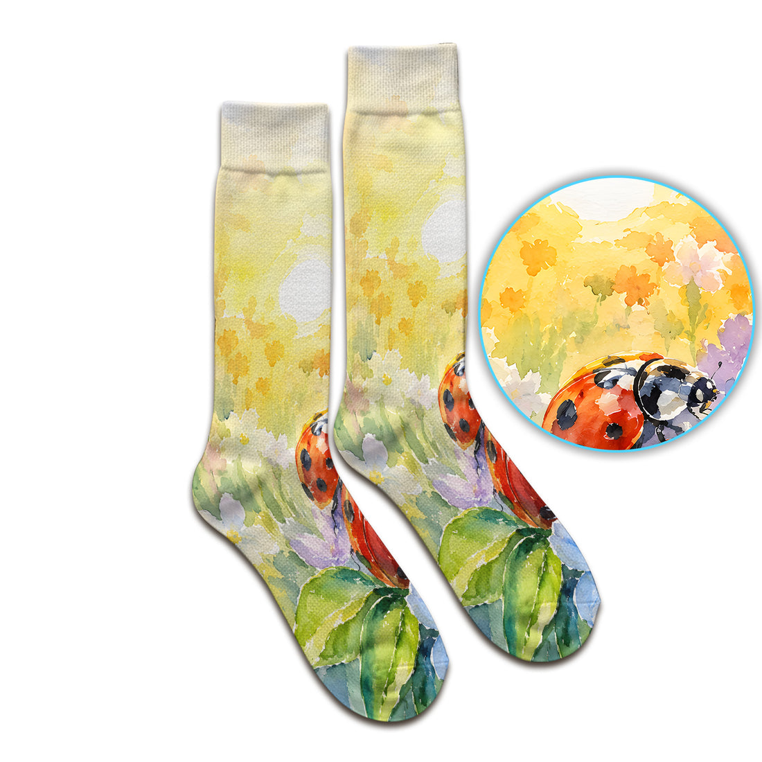 Ladybug Spring Flower Garden Print Socks, Adult Socks for Men and Women