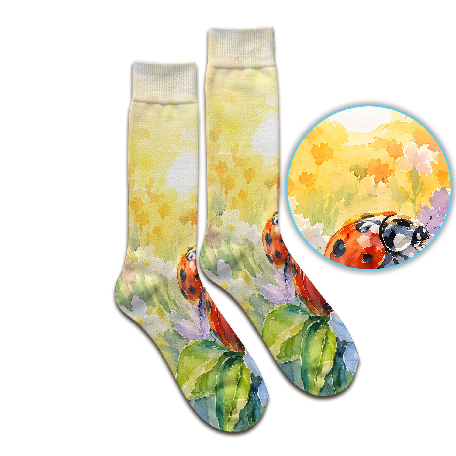 Ladybug Spring Flower Garden Print Socks, Adult Socks for Men and Women