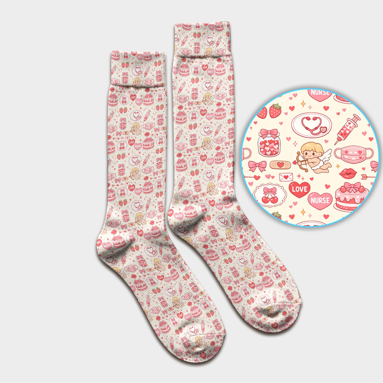 Cupid Nurse Scrub Socks, Cute Love Medical Pattern Sock For Valentine, Breathable Fabrics Nursing Uniform