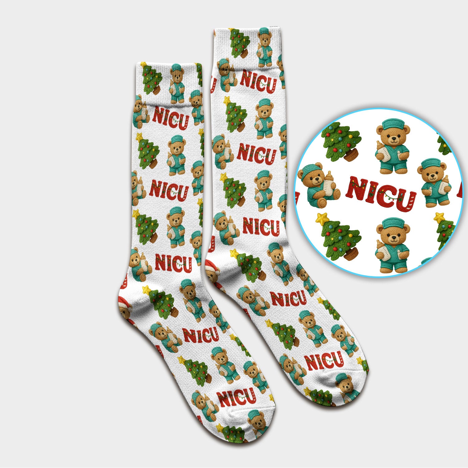 Festive Christmas NICU Nurse Teddy Bear Pattern Print Socks, Adult Socks for Men and Women