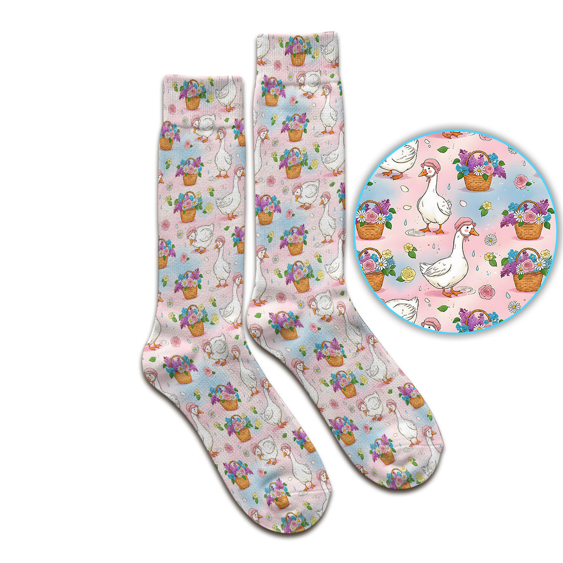 Cute Spring Goose Flower Basket Pattern Socks, Adult Socks for Men and Women