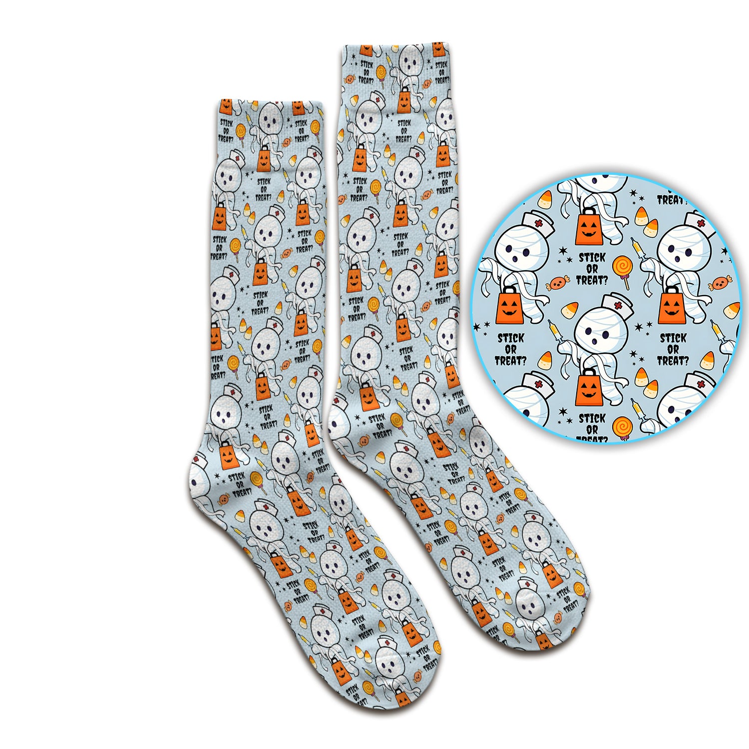 Funny Halloween Stick Or Treat Mummy Nurse Socks, Adult Socks for Men and Women