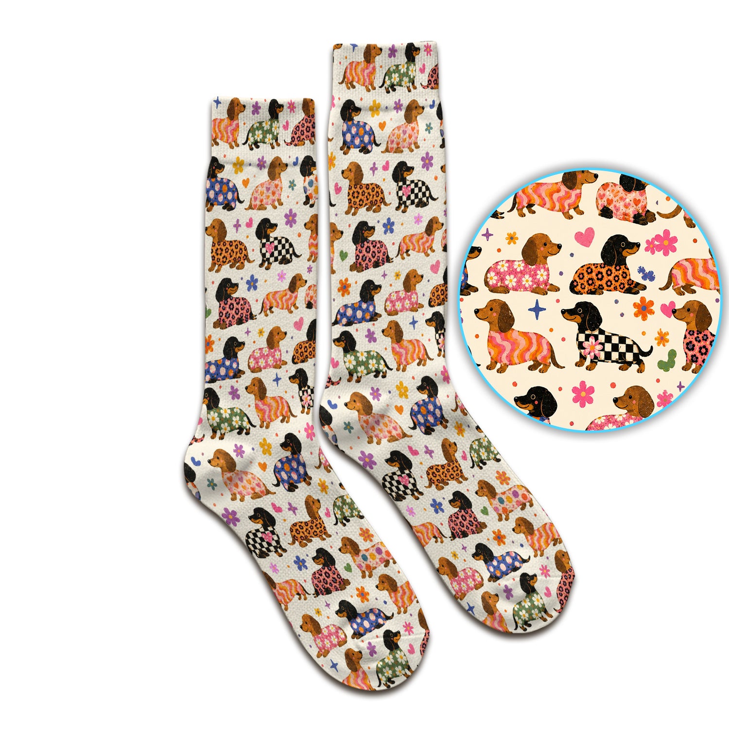 Floral Dachshund Print Socks, Adult Socks for Men and Women