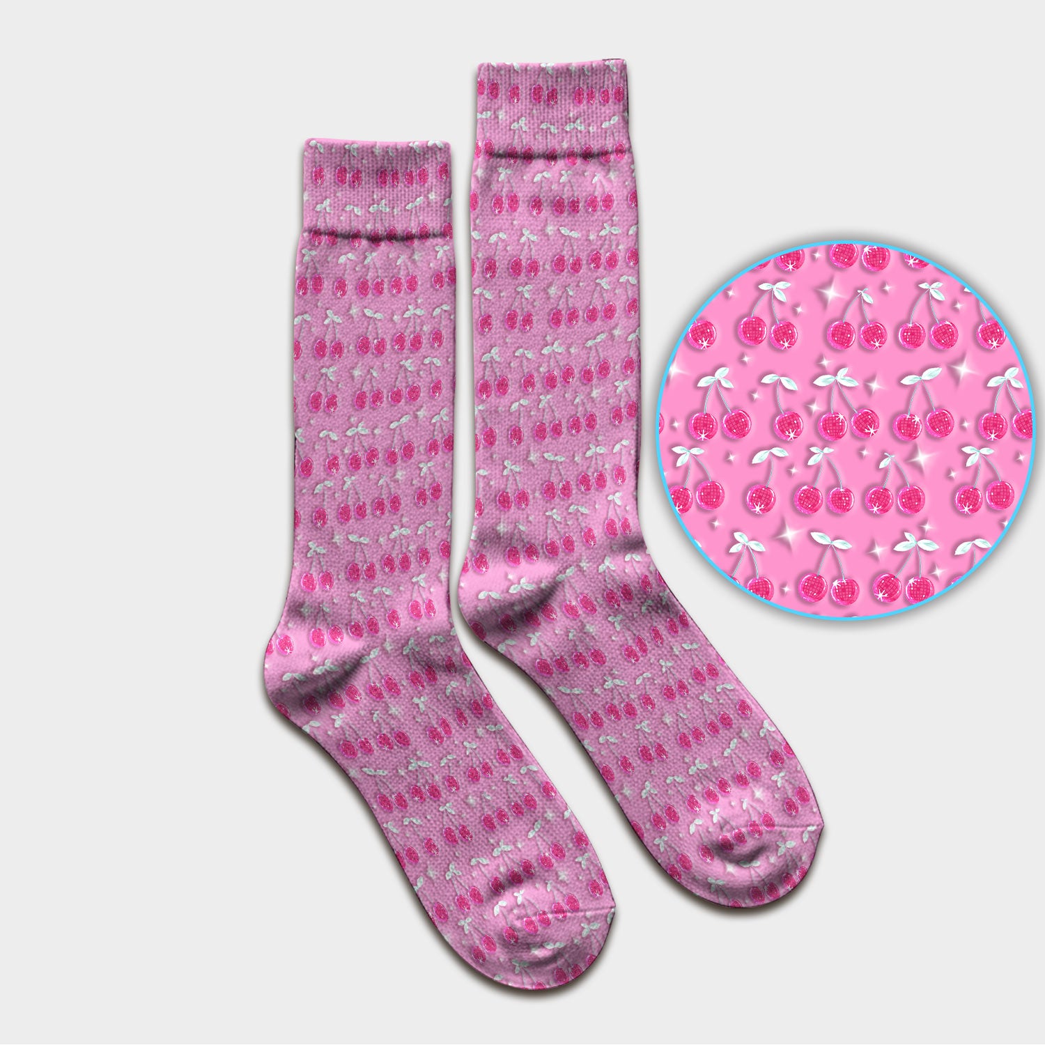 Pink Cherry Sparkle Print Socks, Adult Socks for Men and Women