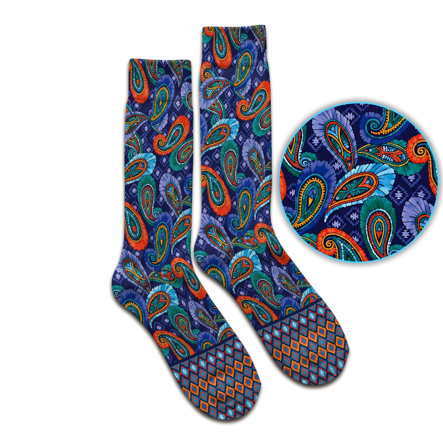 Colorful Paisley Geometric Border Pattern Socks, Adult Socks for Men and Women