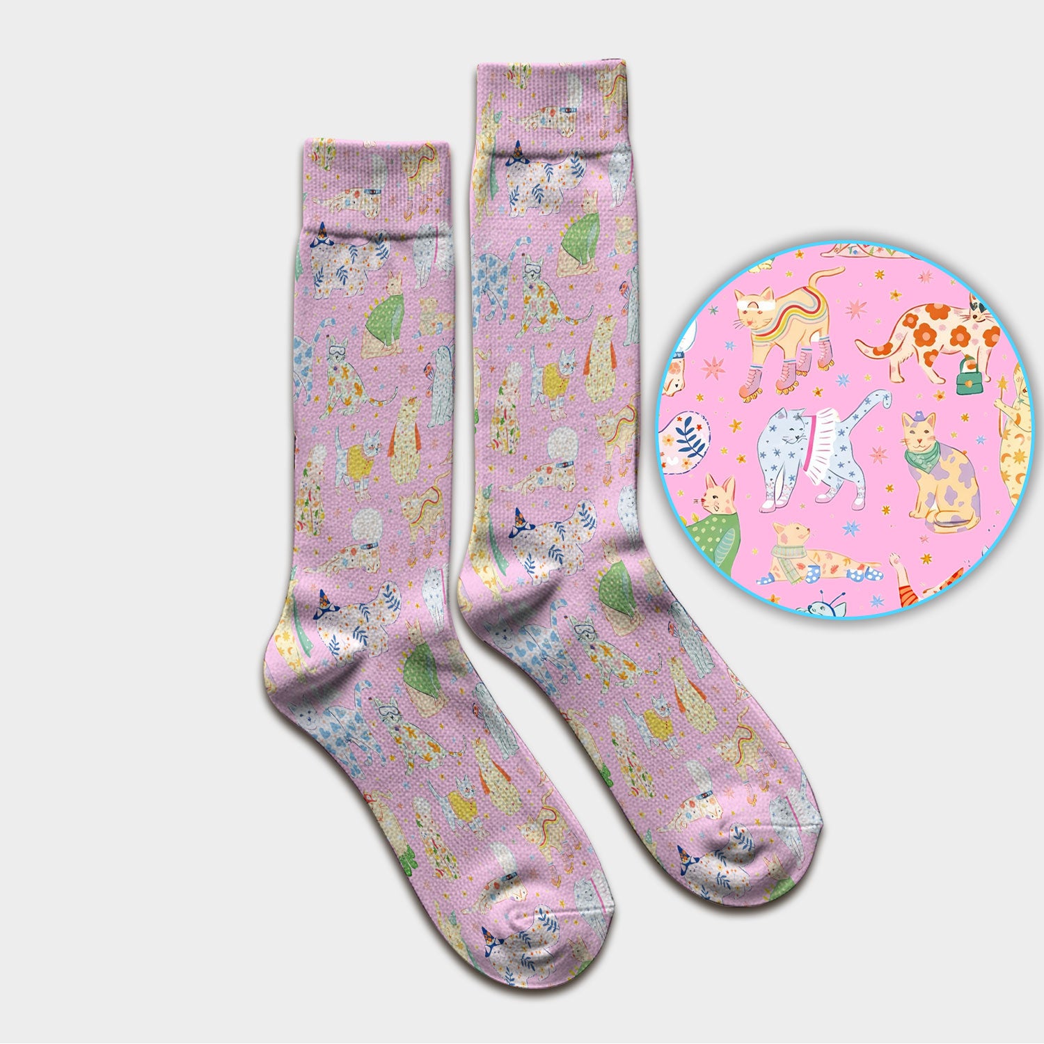 Colorful Pastel Cartoon Cats Print Socks, Breathable Fabrics Medical Uniform