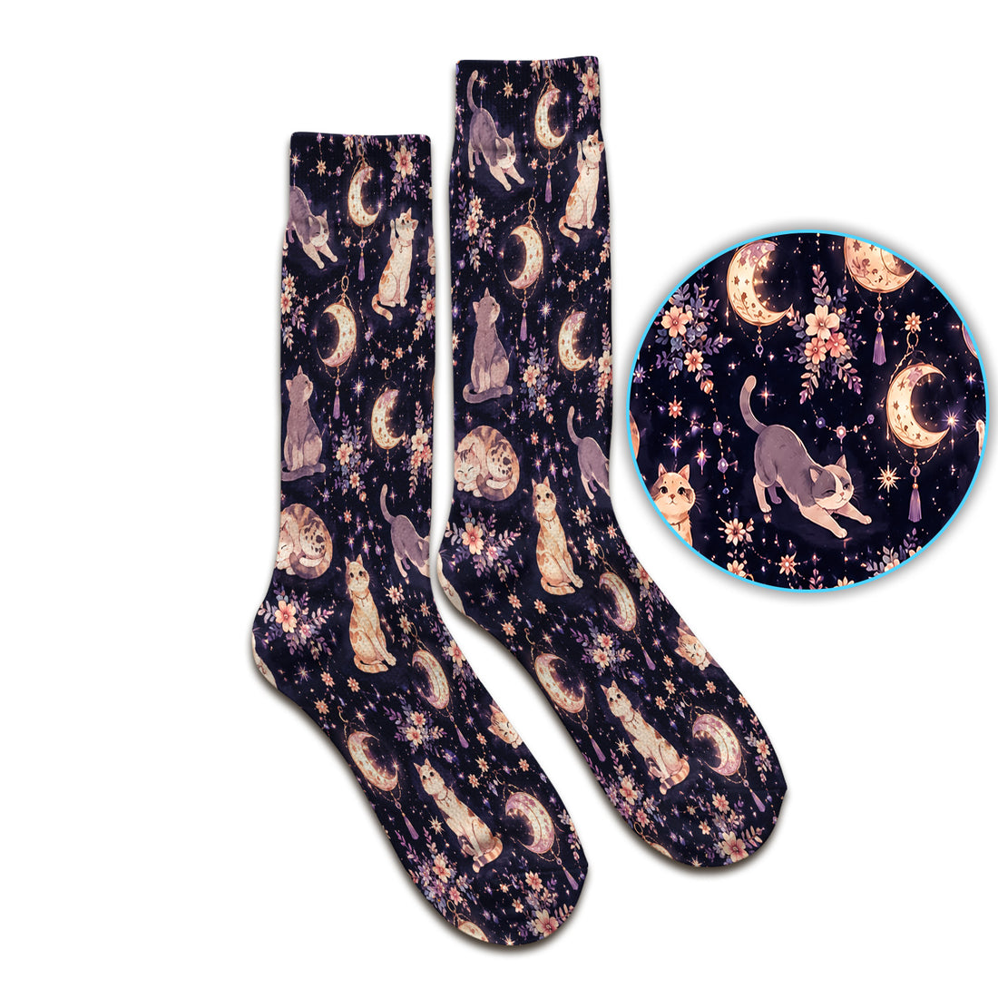 Celestial Cat Pattern Socks, Adult Socks for Men and Women