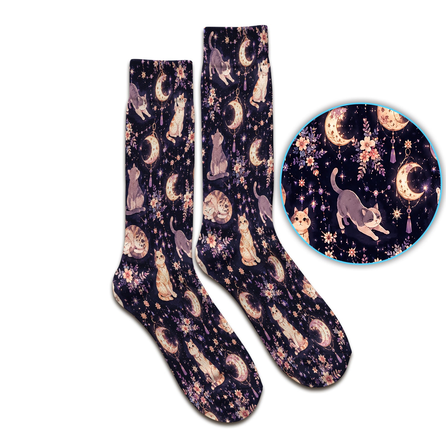 Celestial Cat Pattern Socks, Adult Socks for Men and Women