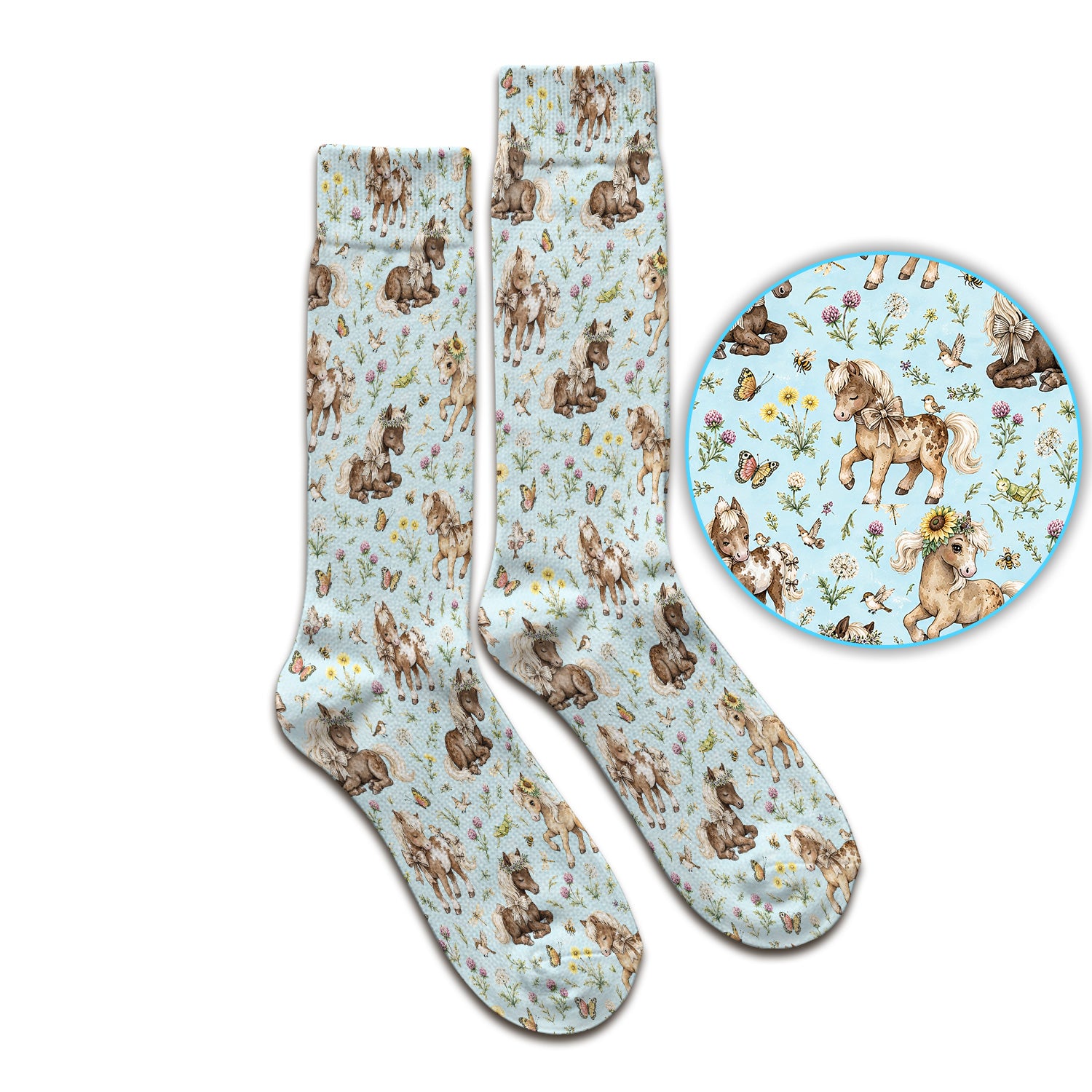 Cute Pony Garden with Butterfly Floral Meadow Print Socks, Adult Socks for Men and Women