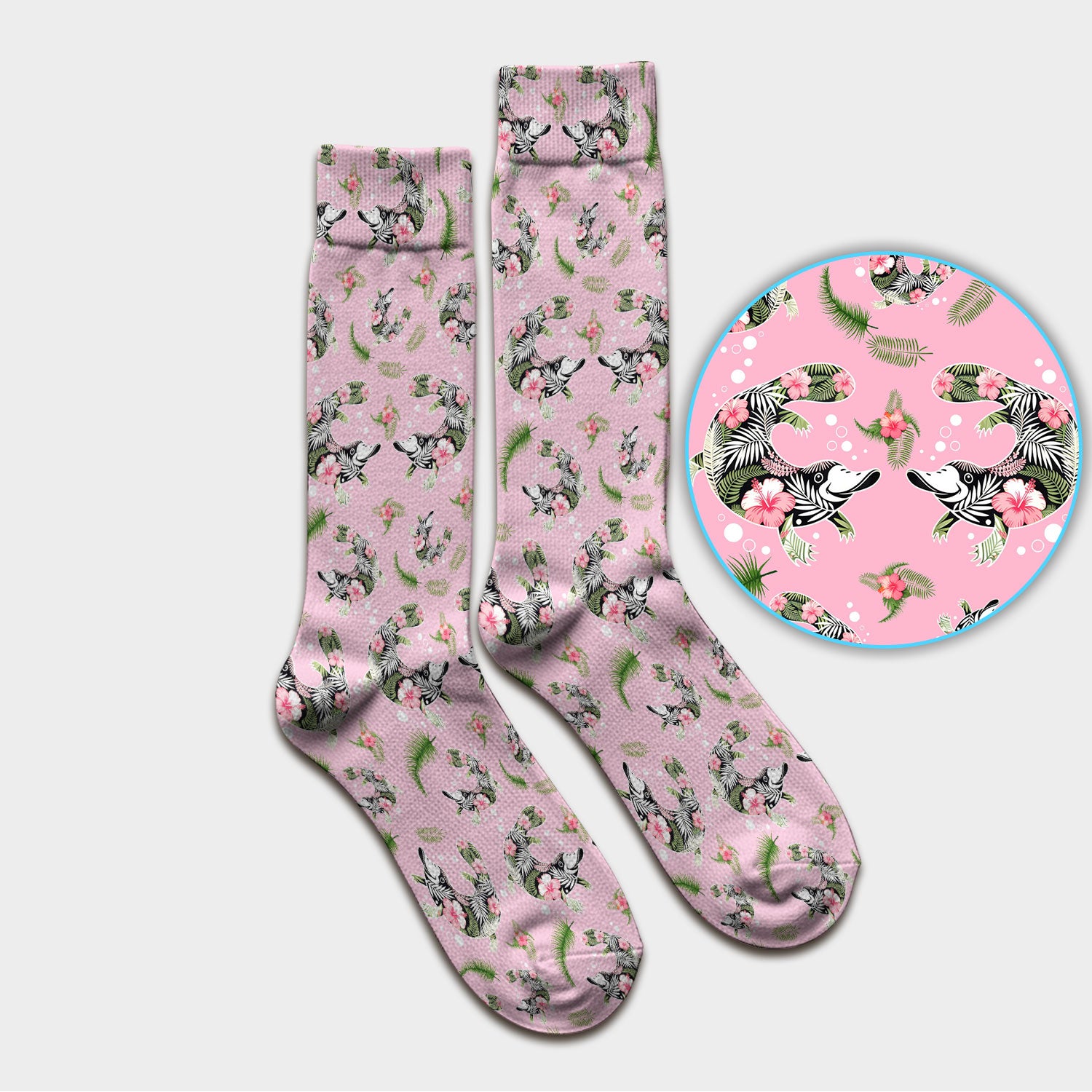 Cute Platypus Scrub Socks, Tropical Floral Animal Pattern Nurse Sock, Breathable Fabrics Nursing Uniform