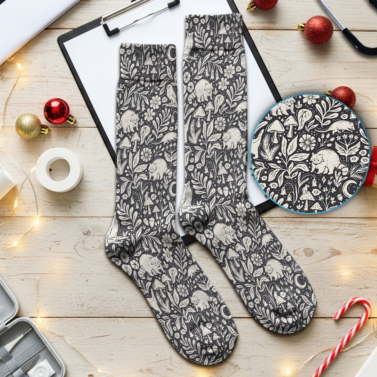 Woodland Animal Forest Pattern Socks, Socks for Nurse Doctor
