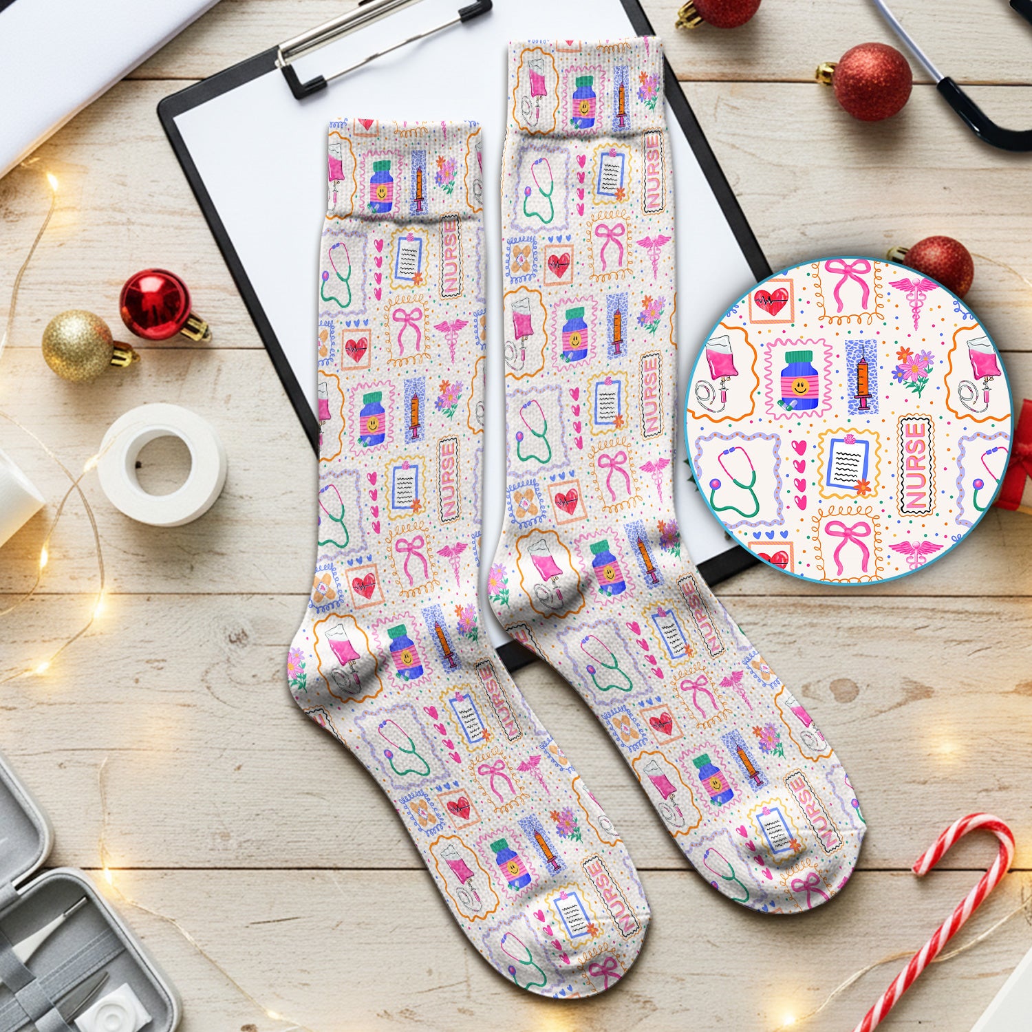 Colorful Nurse Medical Icon Pattern Socks, Breathable Fabrics Medical Uniform