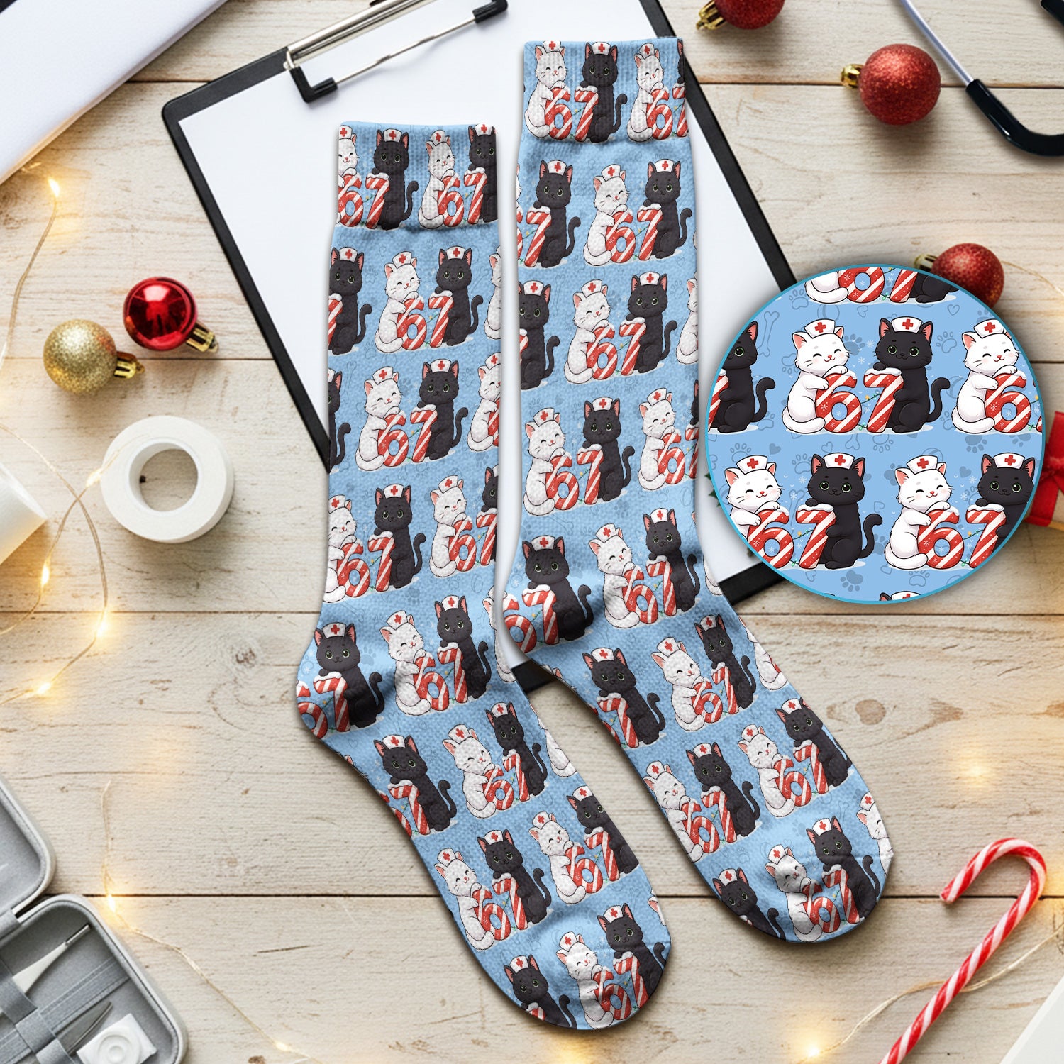 Xmas Cat Pattern Scrub Socks, Christmas Nurse Six Seven With Cat Scrub Sock, Breathable Fabrics Nursing Uniform