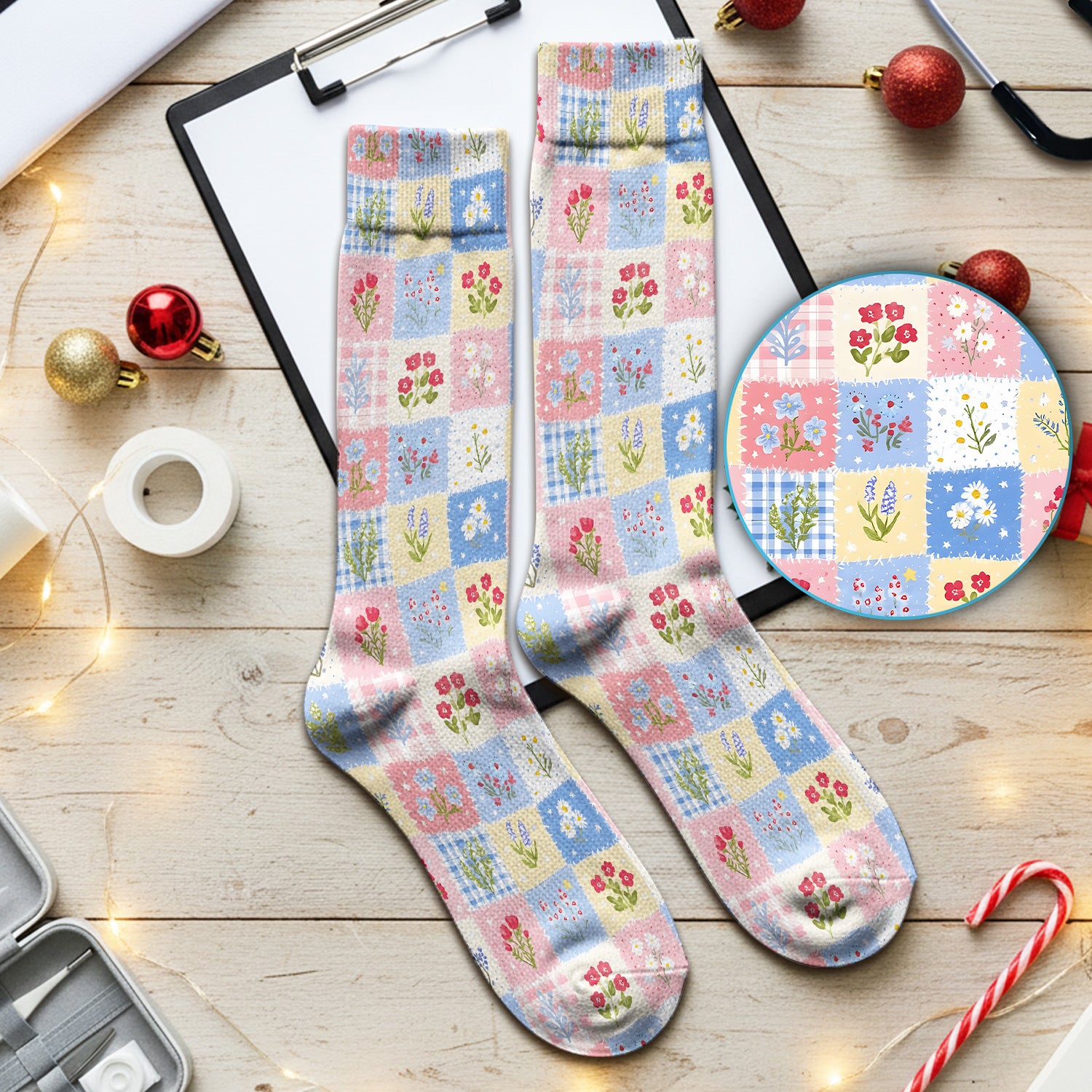 Pastel Patchwork Wildflower Garden Print Socks, Adult Socks for Men and Women