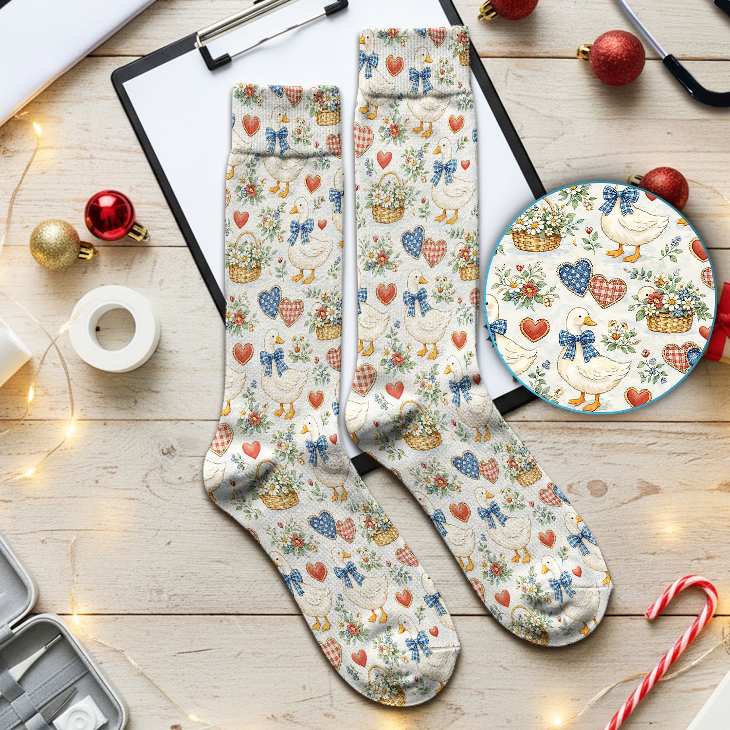 Cute Duck Heart Floral Nurse Pattern Nurse Socks, Socks for Nurse Doctor