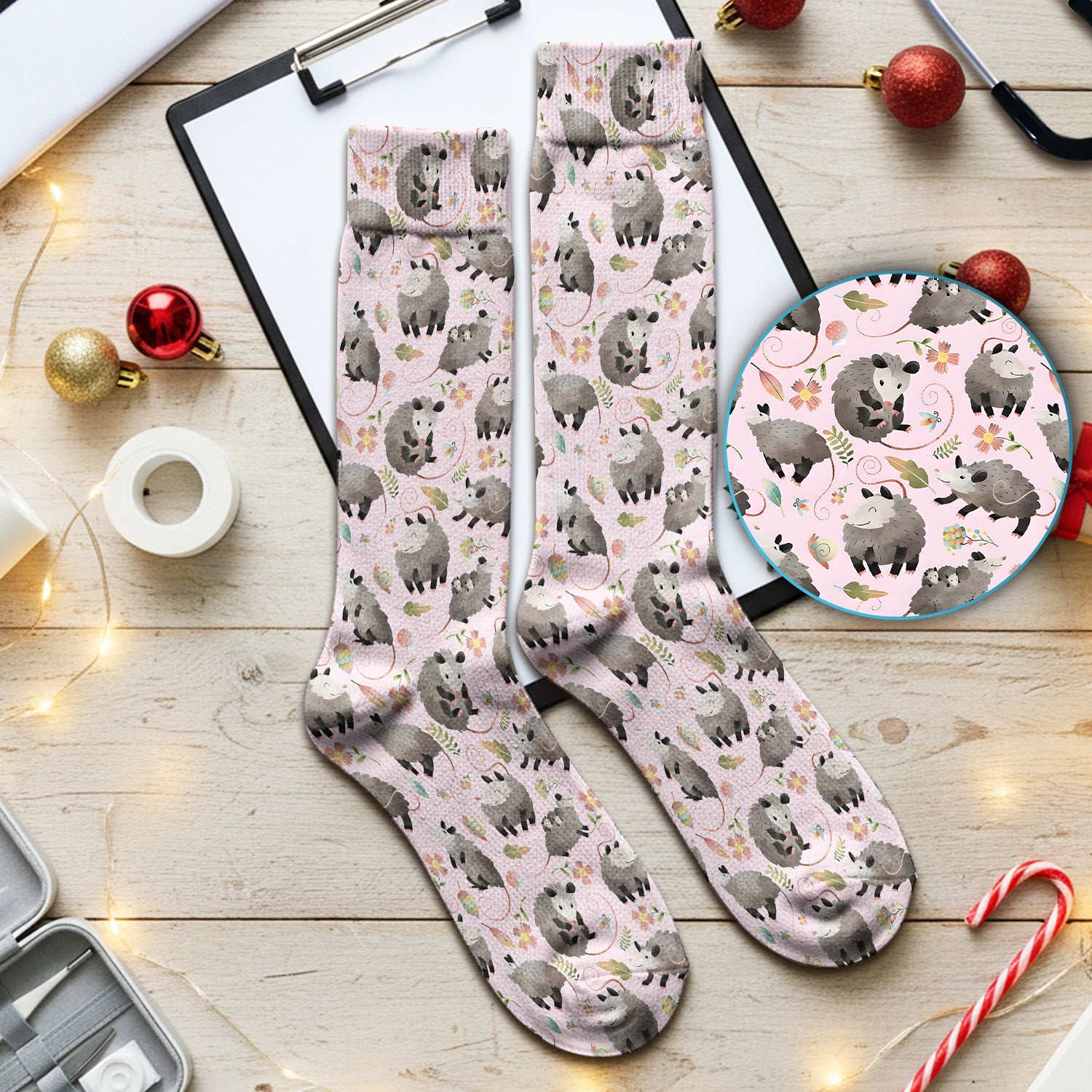 Cute Opossum Playing Flower Garden Pattern Socks, Adult Socks for Men and Women