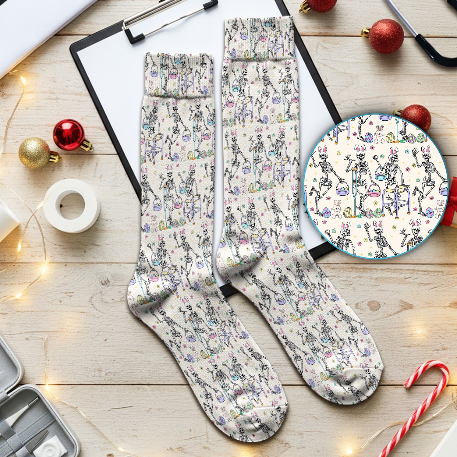 Fun Skeleton Bunny Easter Print Socks, Breathable Fabrics Medical Uniform