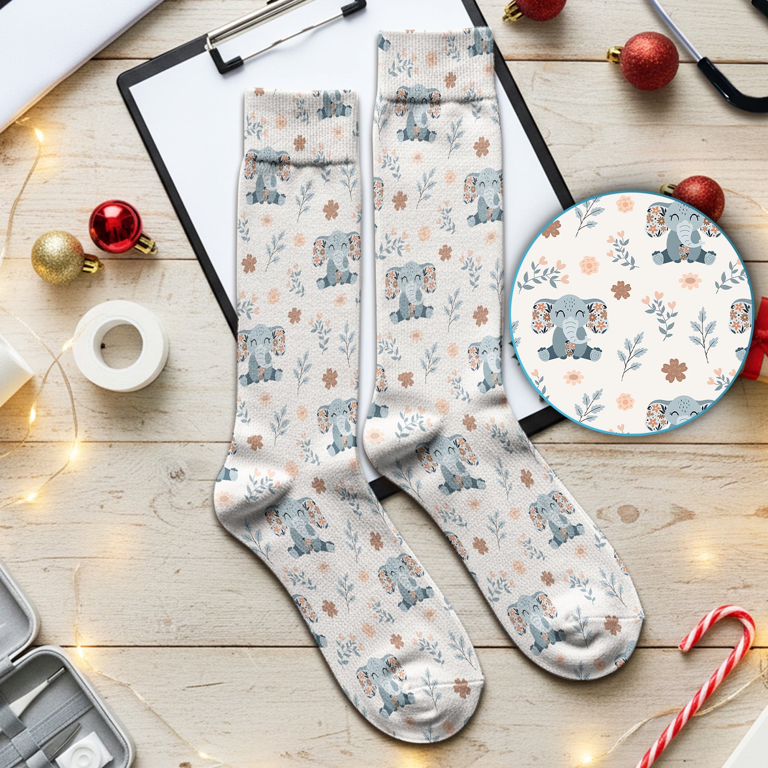 Cute Elephant Floral Medical Socks, Breathable Fabrics Medical Uniform