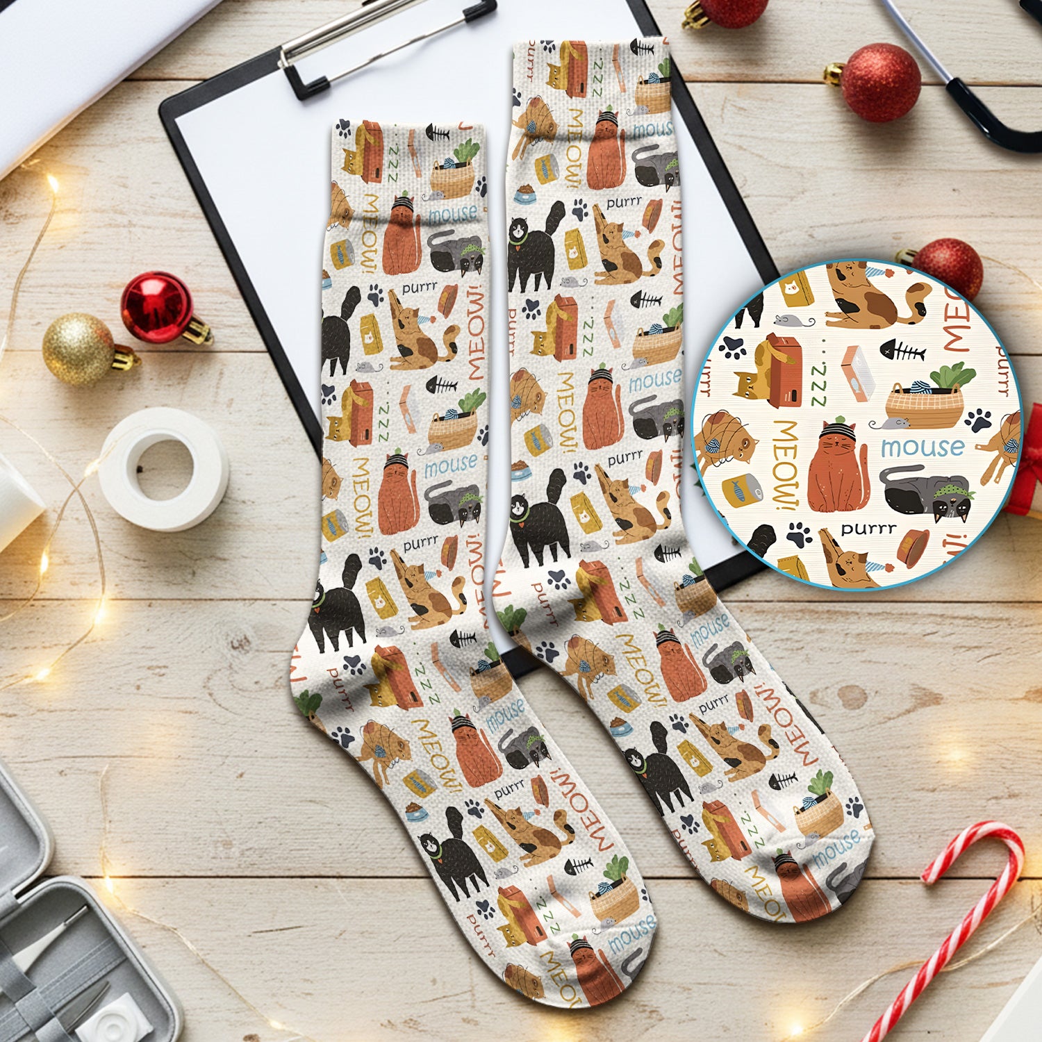 Meow Purr Cat Life Print Socks, Breathable Fabrics Medical Uniform